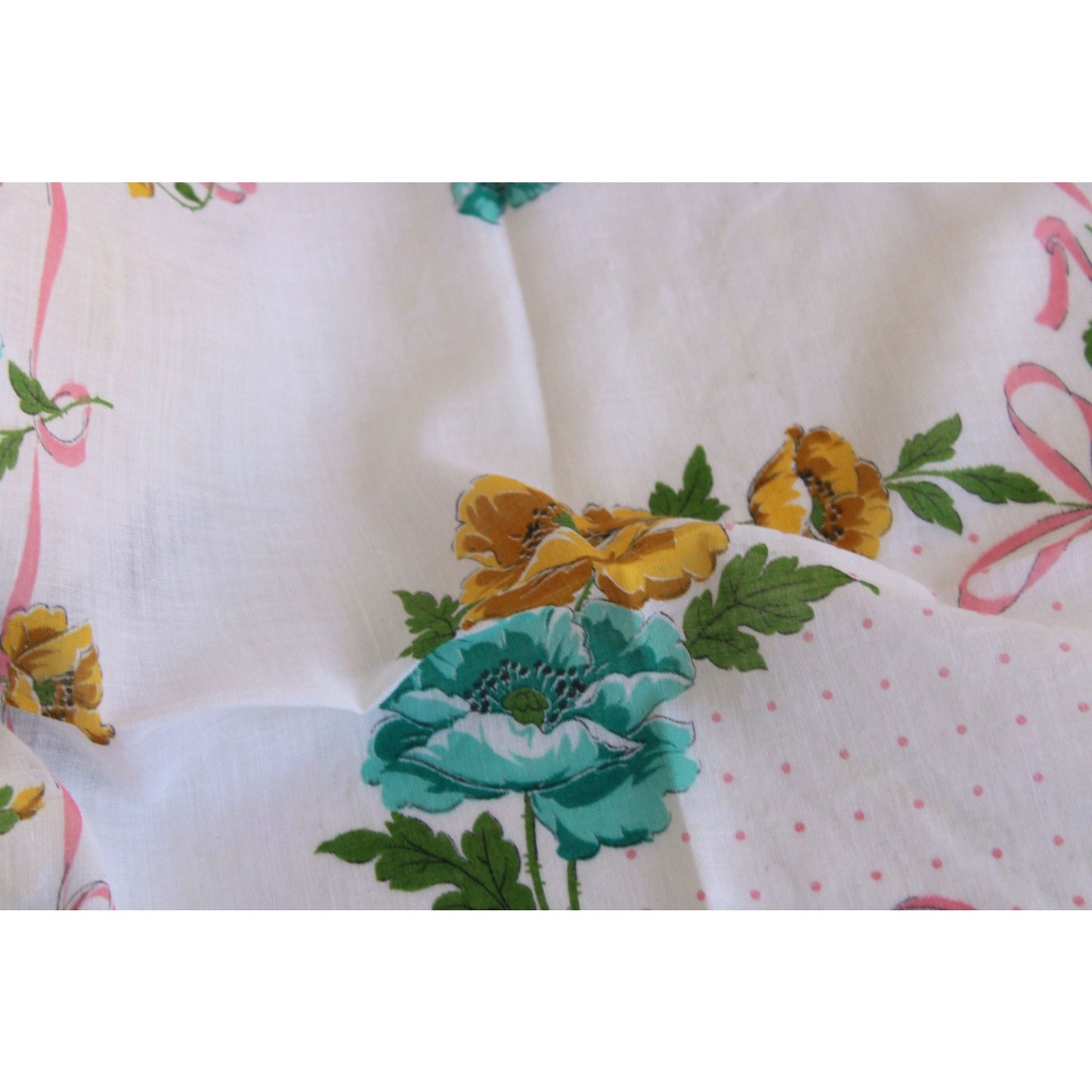 Vintage 1950s Cotton Teal and Yellow Flowers Hanky