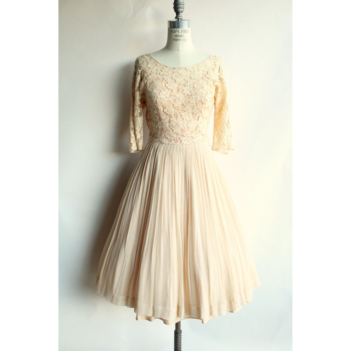 Vintage 1960s Fit and Flare Ivory Illusion Lace And Chiffon Dress