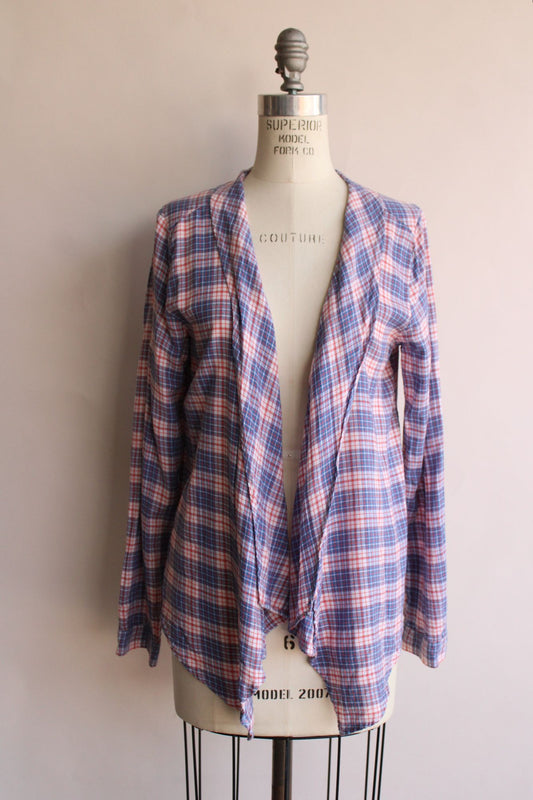 Divided Plaid Shirt, size 10, blue red and white tartan, open front, long sleeve