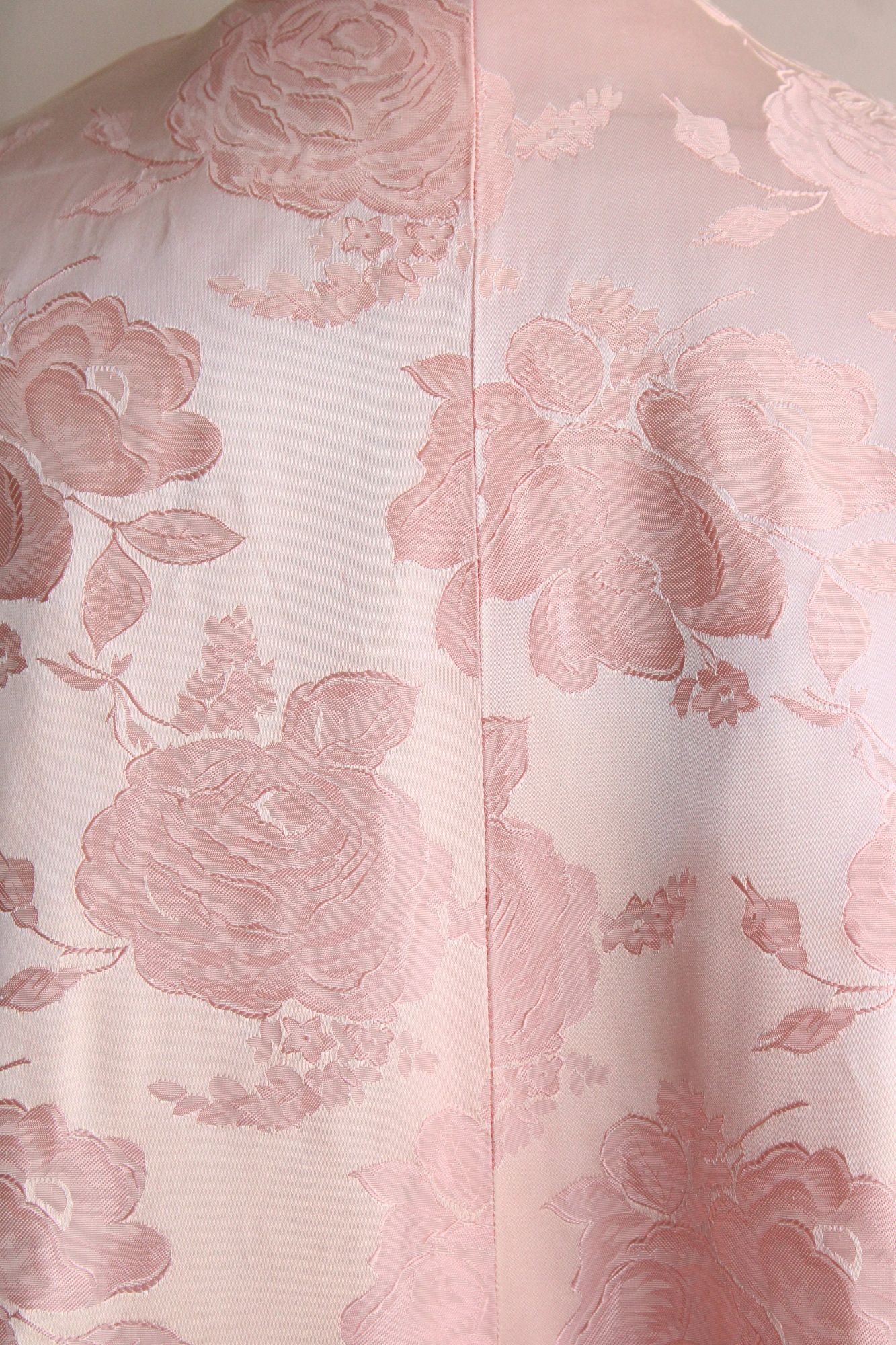 Vintage 1960s Pink Satin Floral Damask Full Length Coat