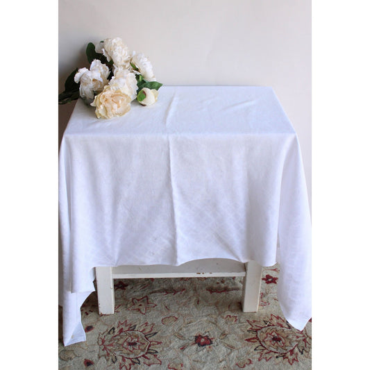 Vintage 1950s 1960s White Damask Rectangular Tablecloth With Rose Pattern