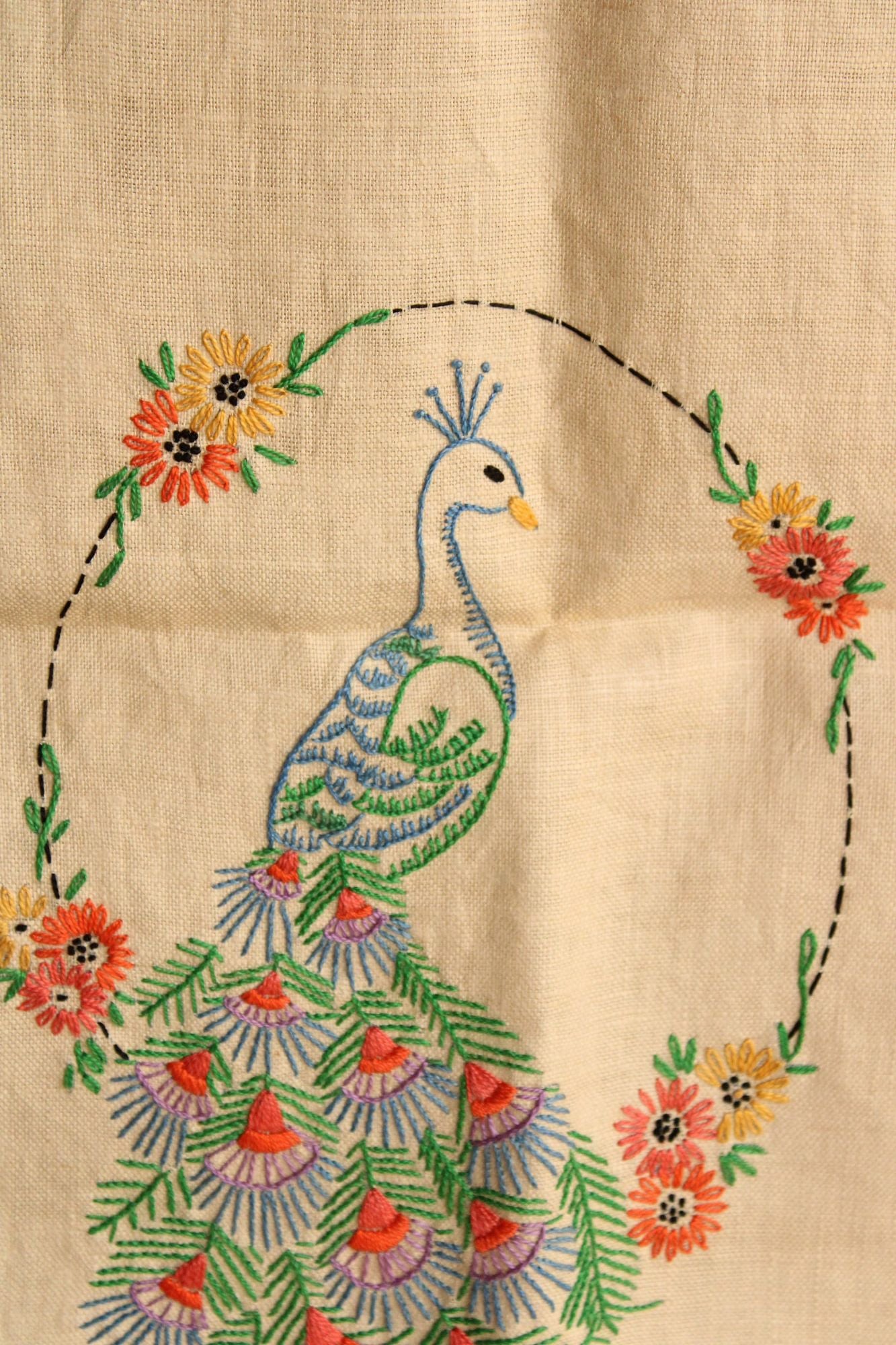 Vintage 1960s 1970s Table Runner With Embroidered Peacock and Flowers