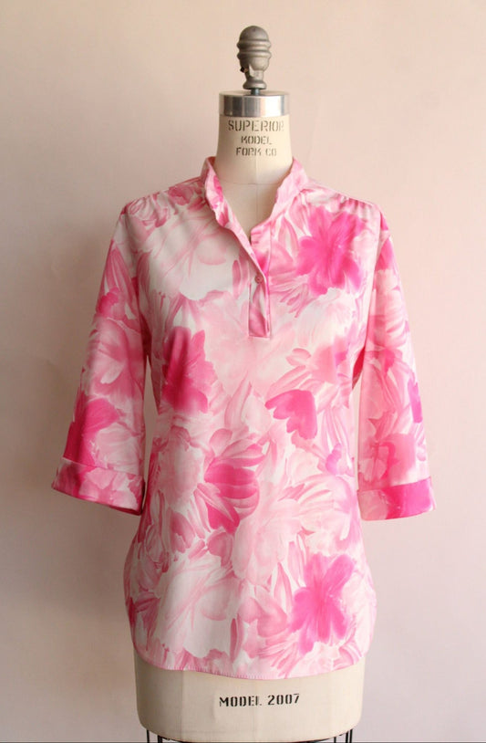 Vintage 1960s Ro-Vel Pink And White Floral Print Top