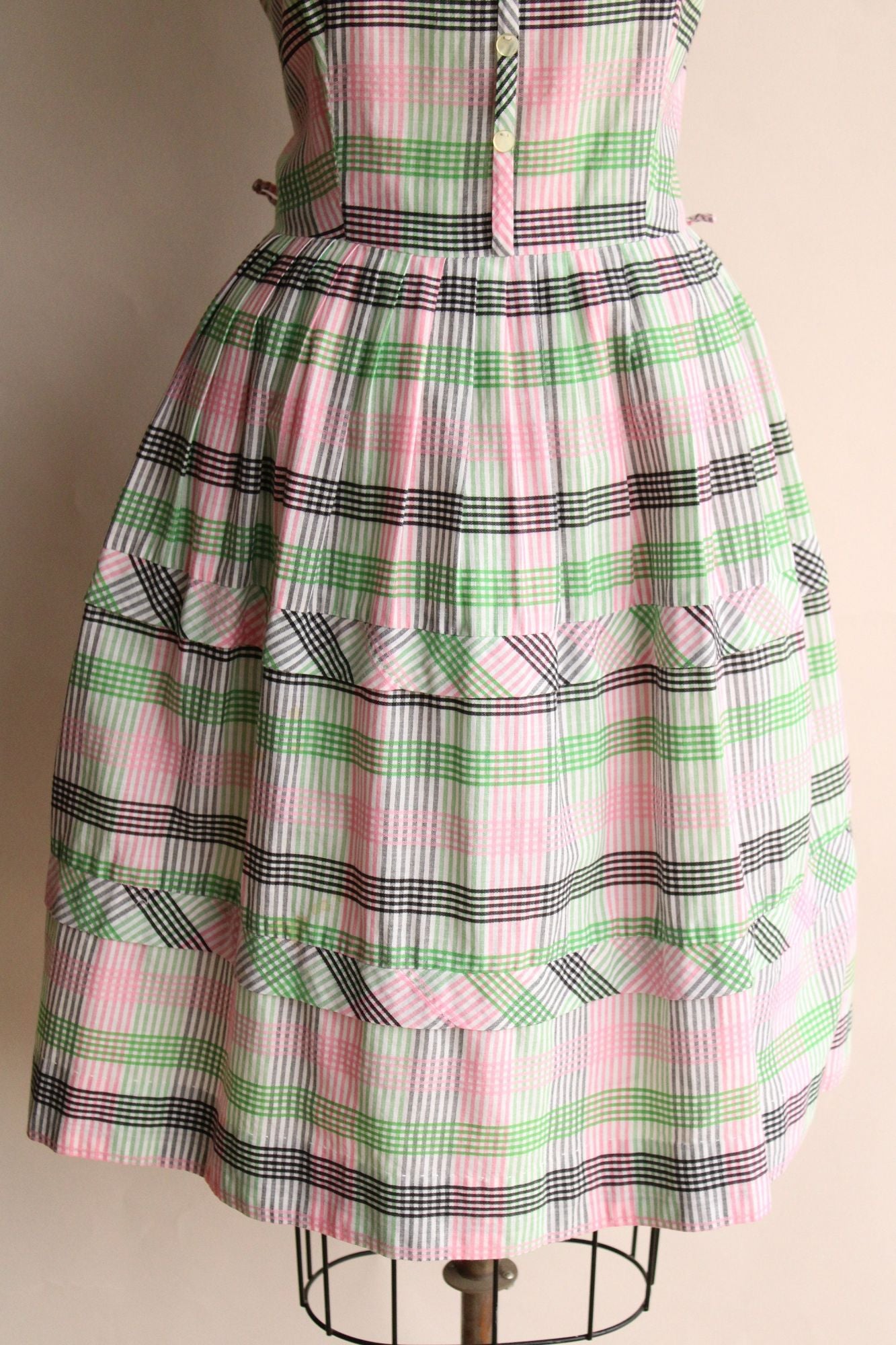 Vintage 1950s Fit and Flare Green and Pink and Black Check Dress