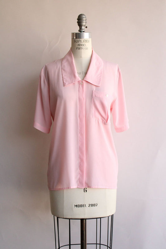 Vintage 1980s Blouse, Pink Dagger Collar with Pocket, Size 8