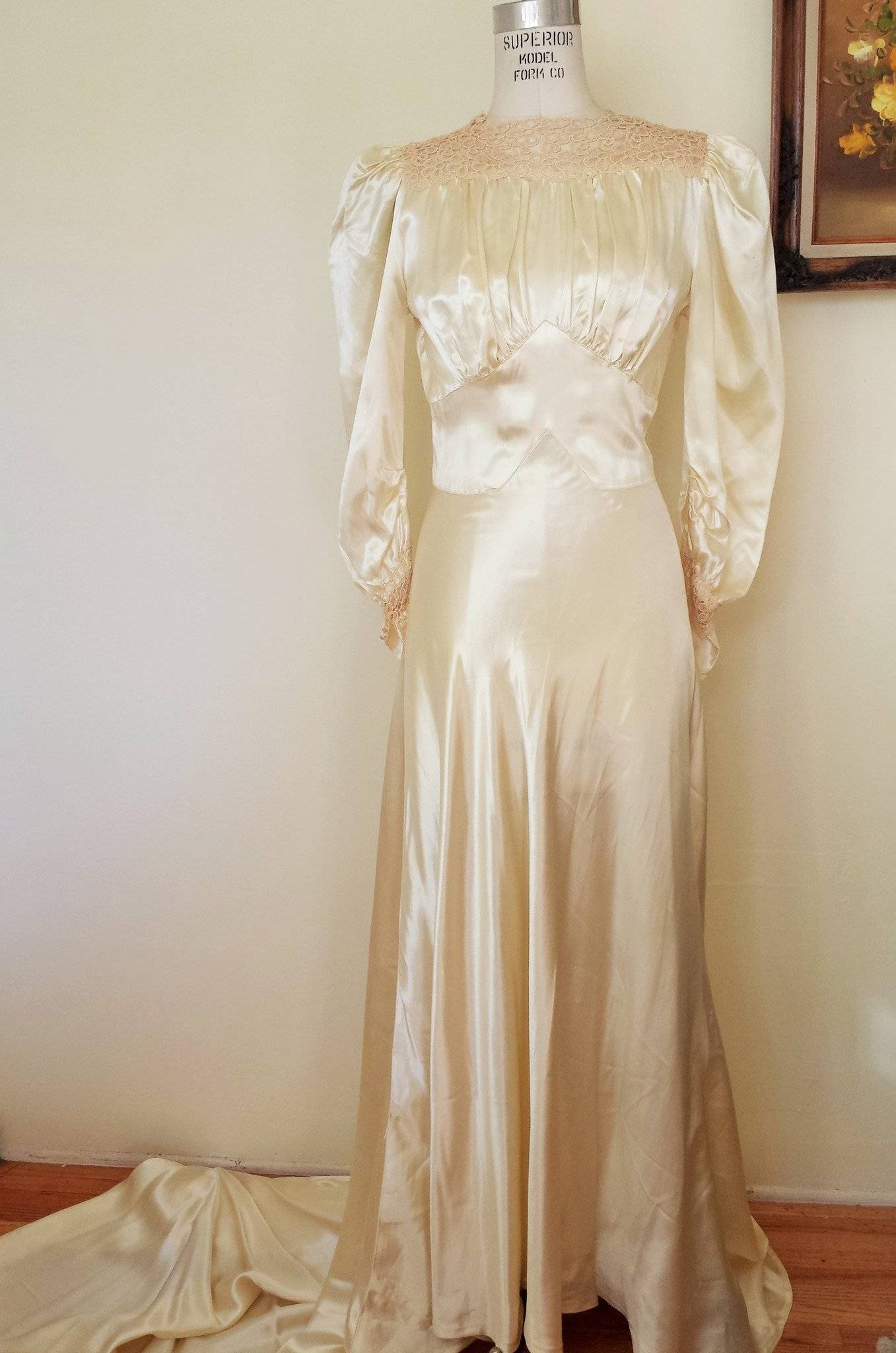 Vintage 1930's Ivory Satin Wedding Gown-Toadstool Farm Vintage-1930s Dress,1930s Wedding Dress,1930s Wedding Gown,30s Bridal Gown,Bridal,Bride,Vintage,Vintage Clothing,Vintage Dress,Vintage Dresses,Wedding Dress