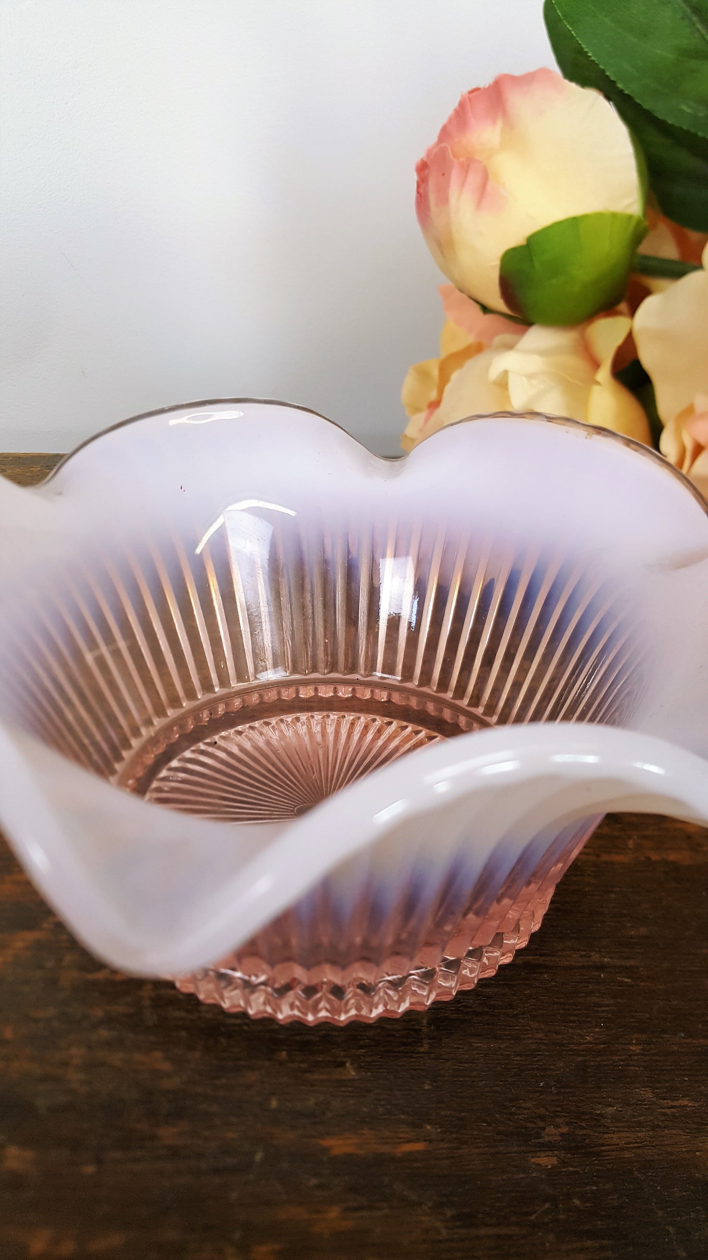 Vintage 1980s Fenton Pink And White Opalescent Ruffled Glass Candy Bowl
