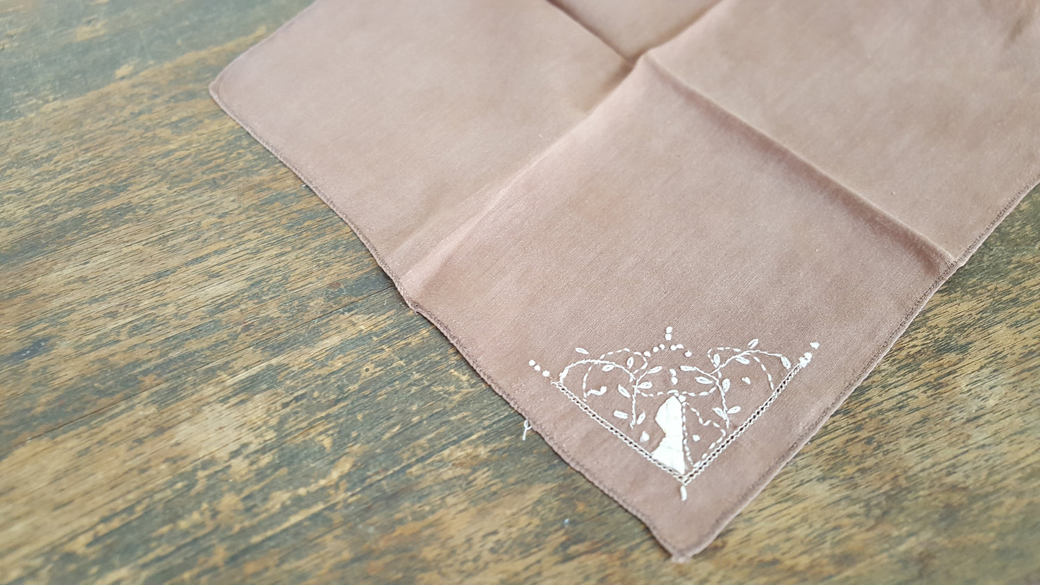 Vintage Handkerchief In Brown Cotton Embroidered With White Vines And Leaves