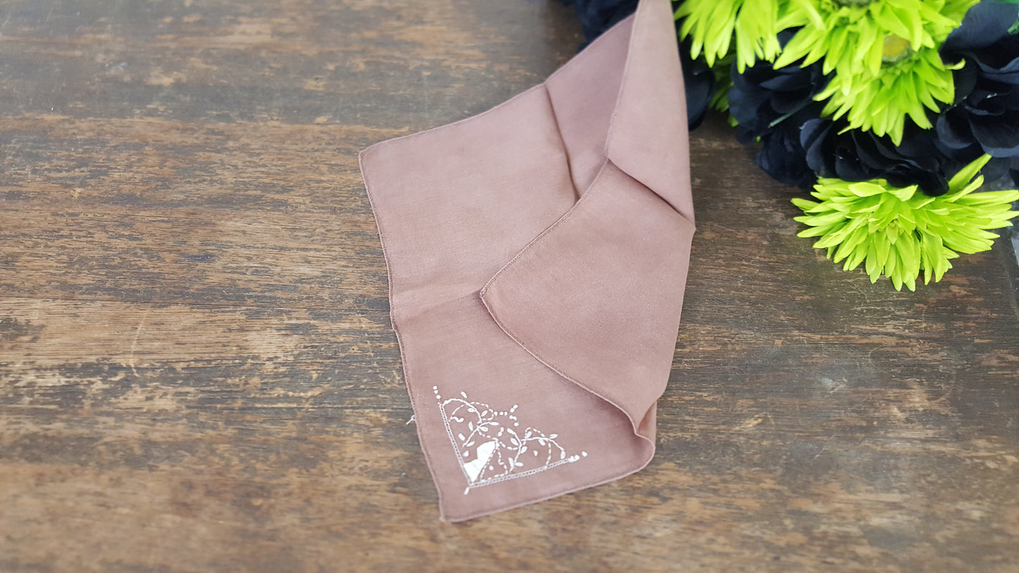 Vintage Handkerchief In Brown Cotton Embroidered With White Vines And Leaves