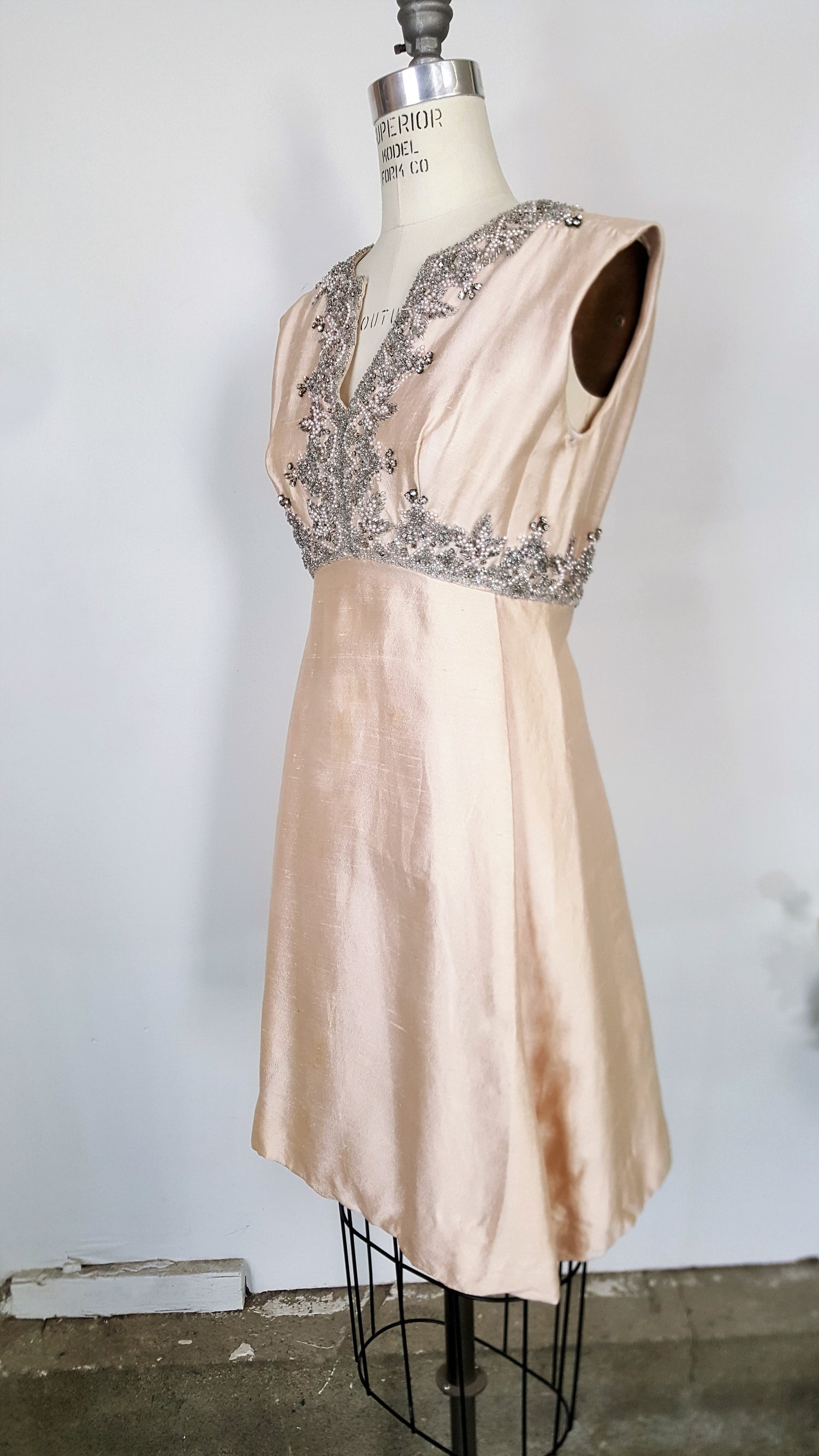 Vintage 1960s Pink Sik Beaded Party Dress By Seaton Enterprises