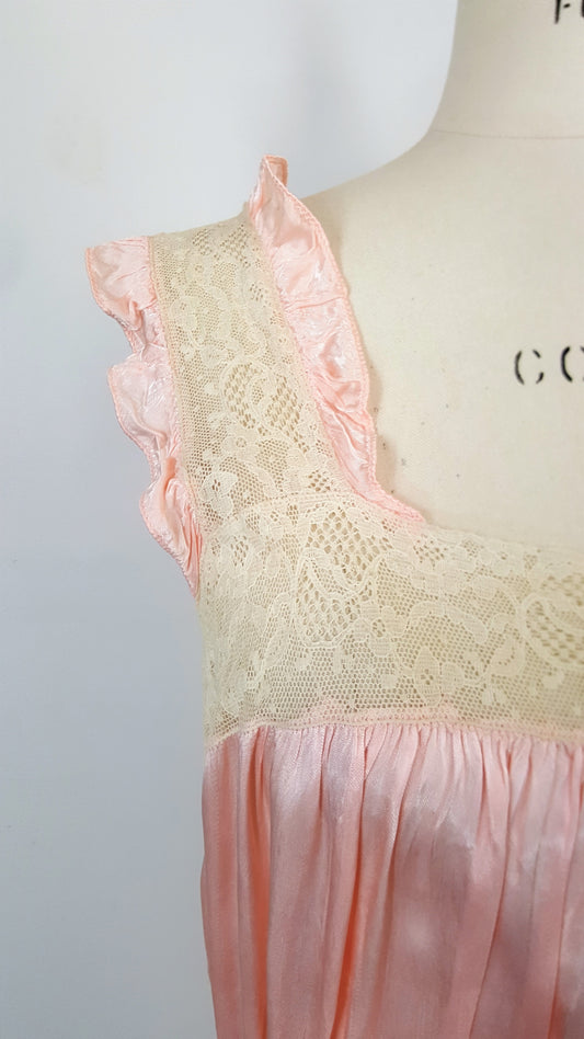 Vintage 1940s 1950s Pink Satin Nightgown With Ivory Lace Trim
