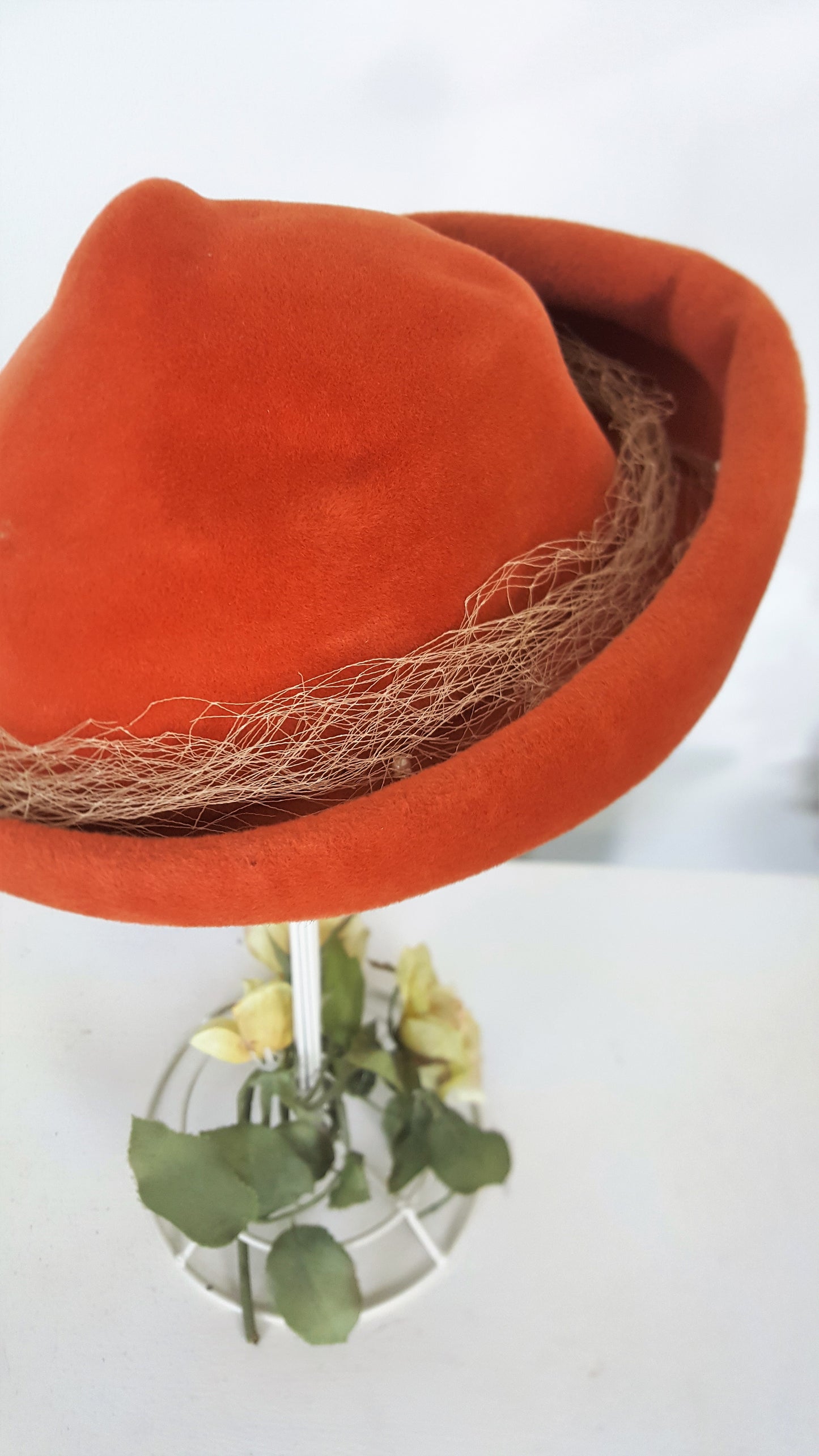 Vintage 1950s Dark Orange Wool Felt Hat with Birdcage Veil And Pearl Trim