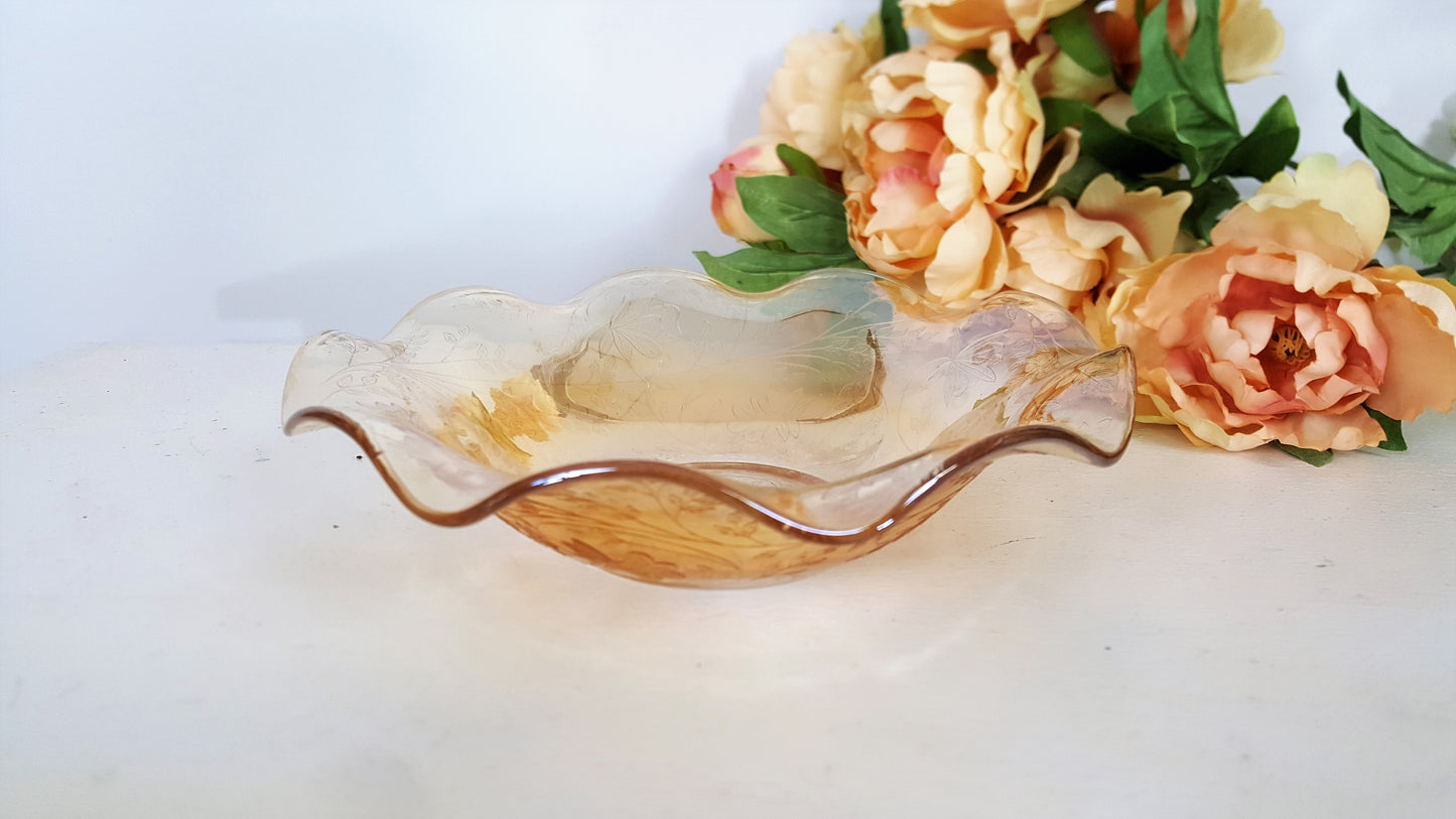 Vintage Marigold Carnival Glass Fruit Bowl With Ruffled Edge