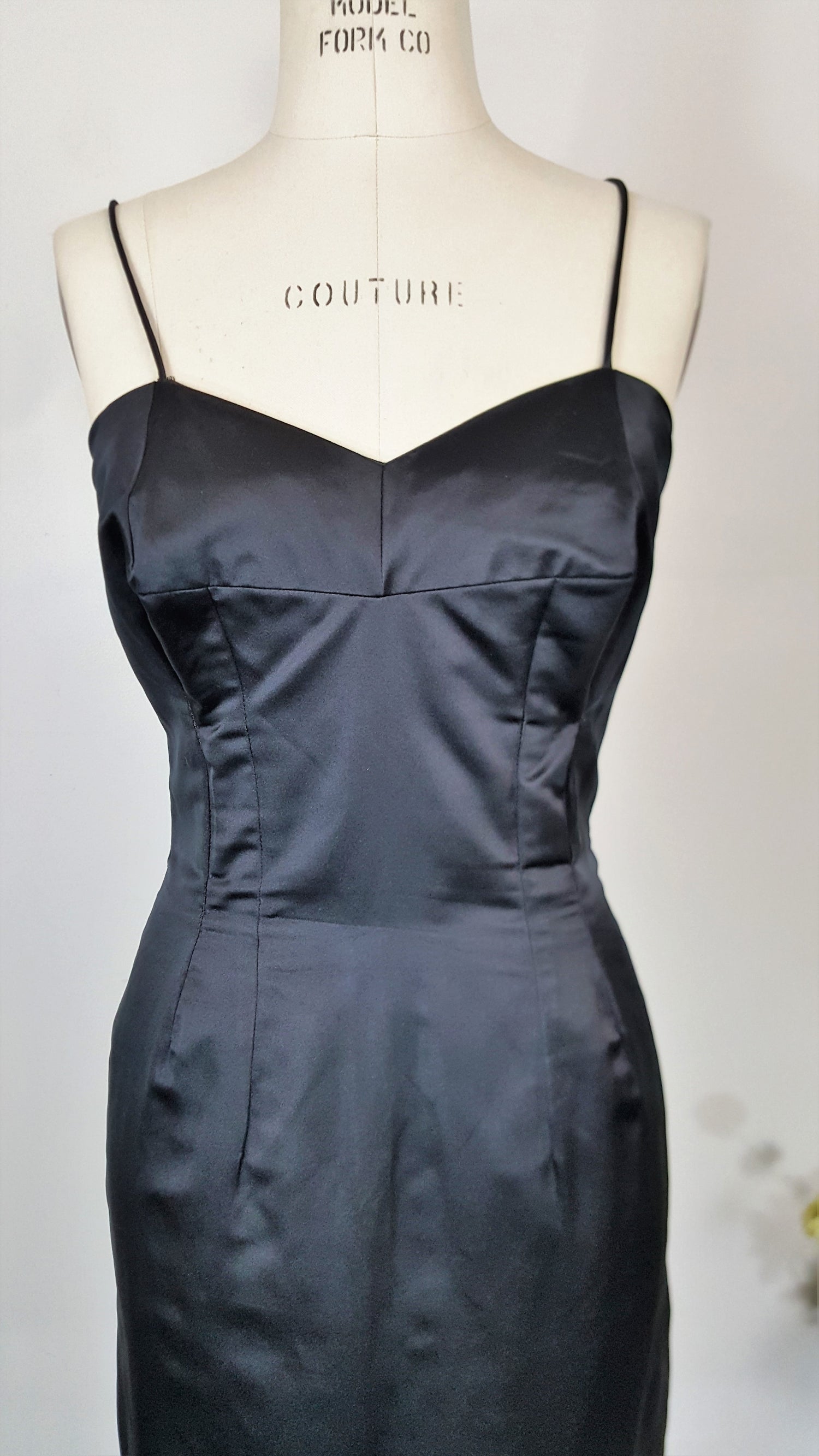 Vintage 1950s Wiggle Dress With Bullet Bra And Matching Jacket  In Black Satin 