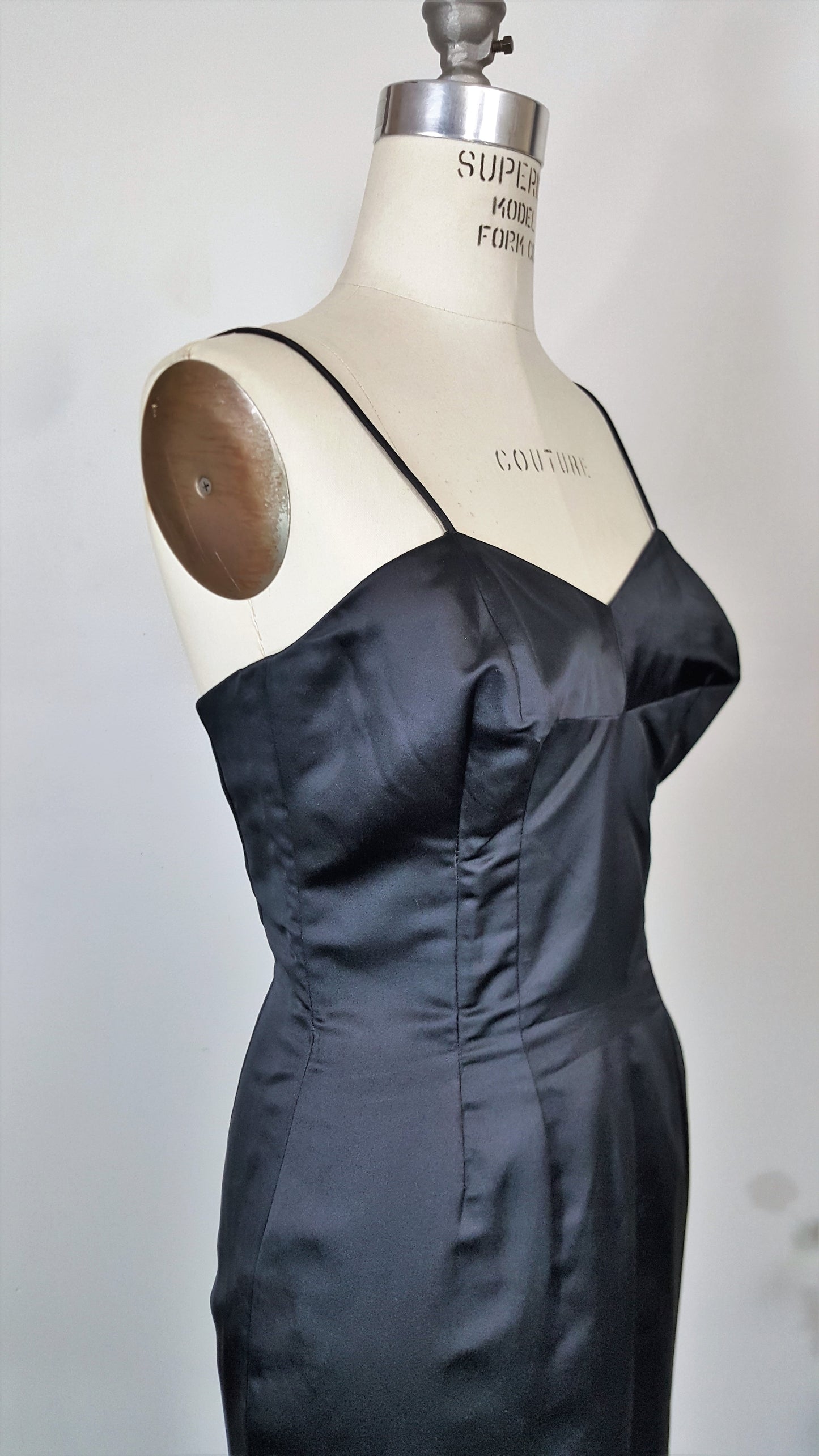 Vintage 1950s Wiggle Dress With Bullet Bra And Matching Jacket  In Black Satin 