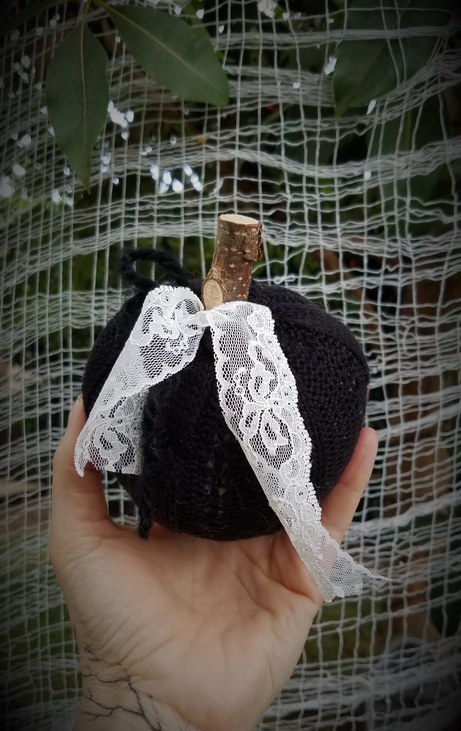 Knit Mini Pumpkin Pillow Pouf in Black with Ivory Lace and Wooden Stem
