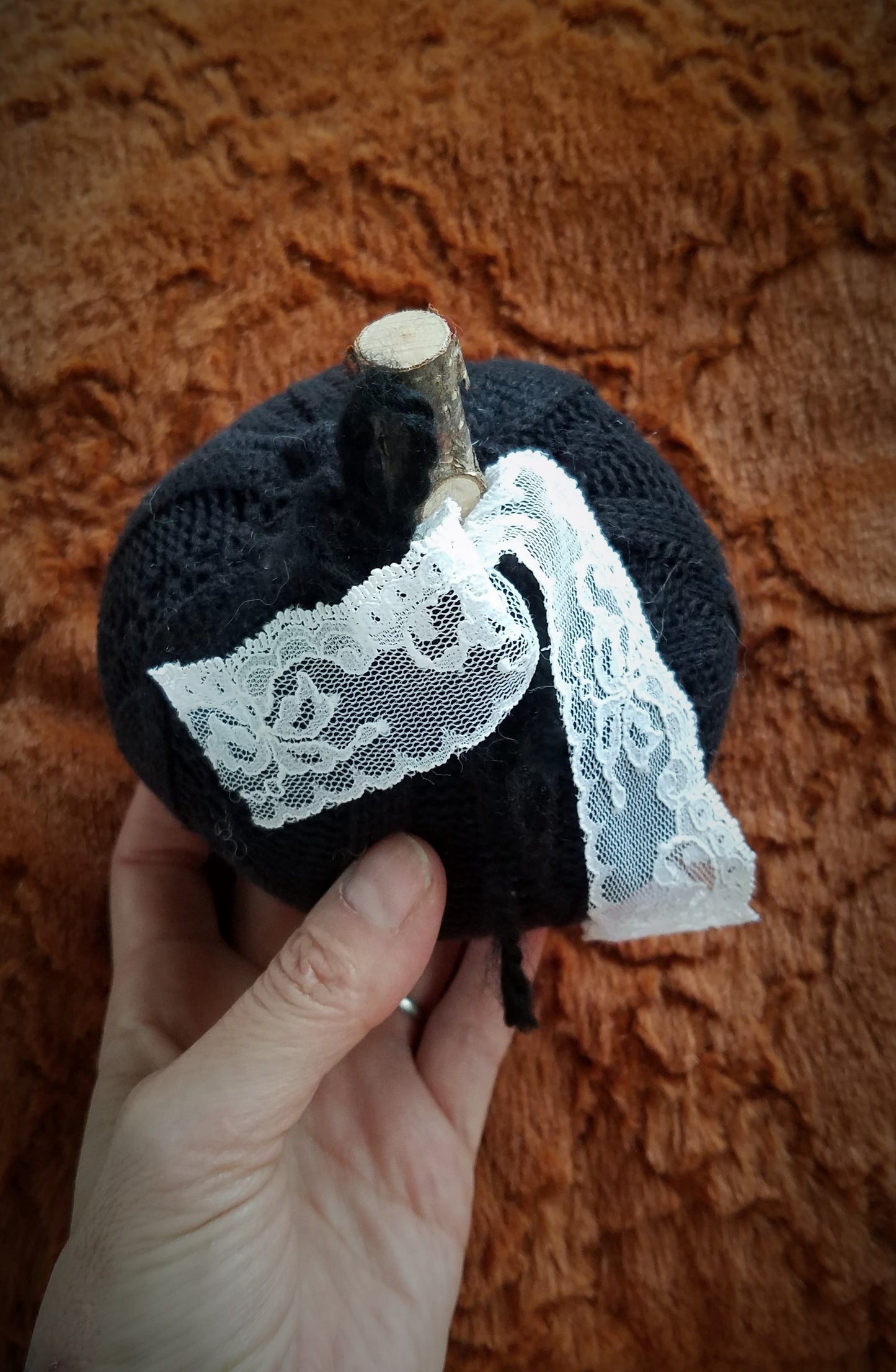 Knit Mini Pumpkin Pillow Pouf in Black with Ivory Lace and Wooden Stem