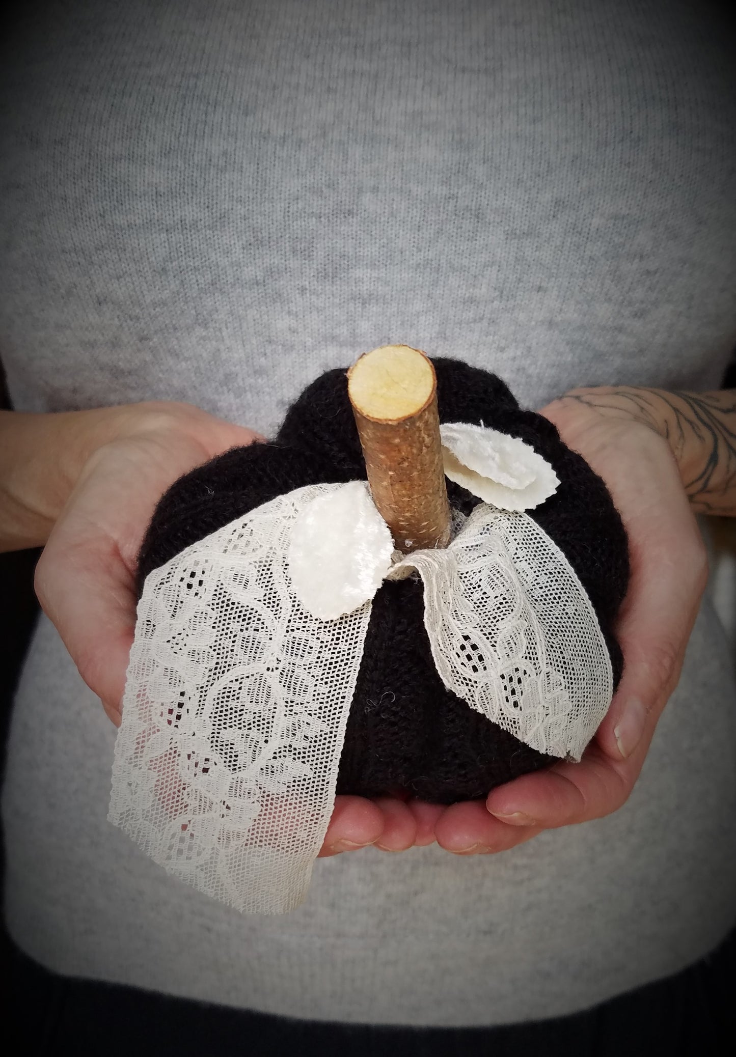 Mini Black Knit Pumpkin Pillow Pouf, With Velvet Leaves, Ivory Lace and Wooden Stem