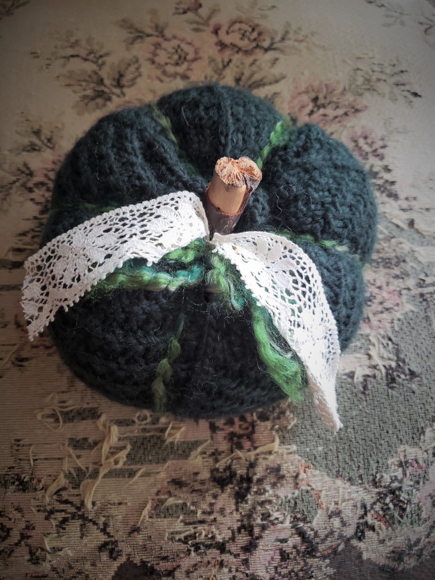 Green Knit Pumpkin PIllow Pouf with Vintage Lace and Wooden Stem