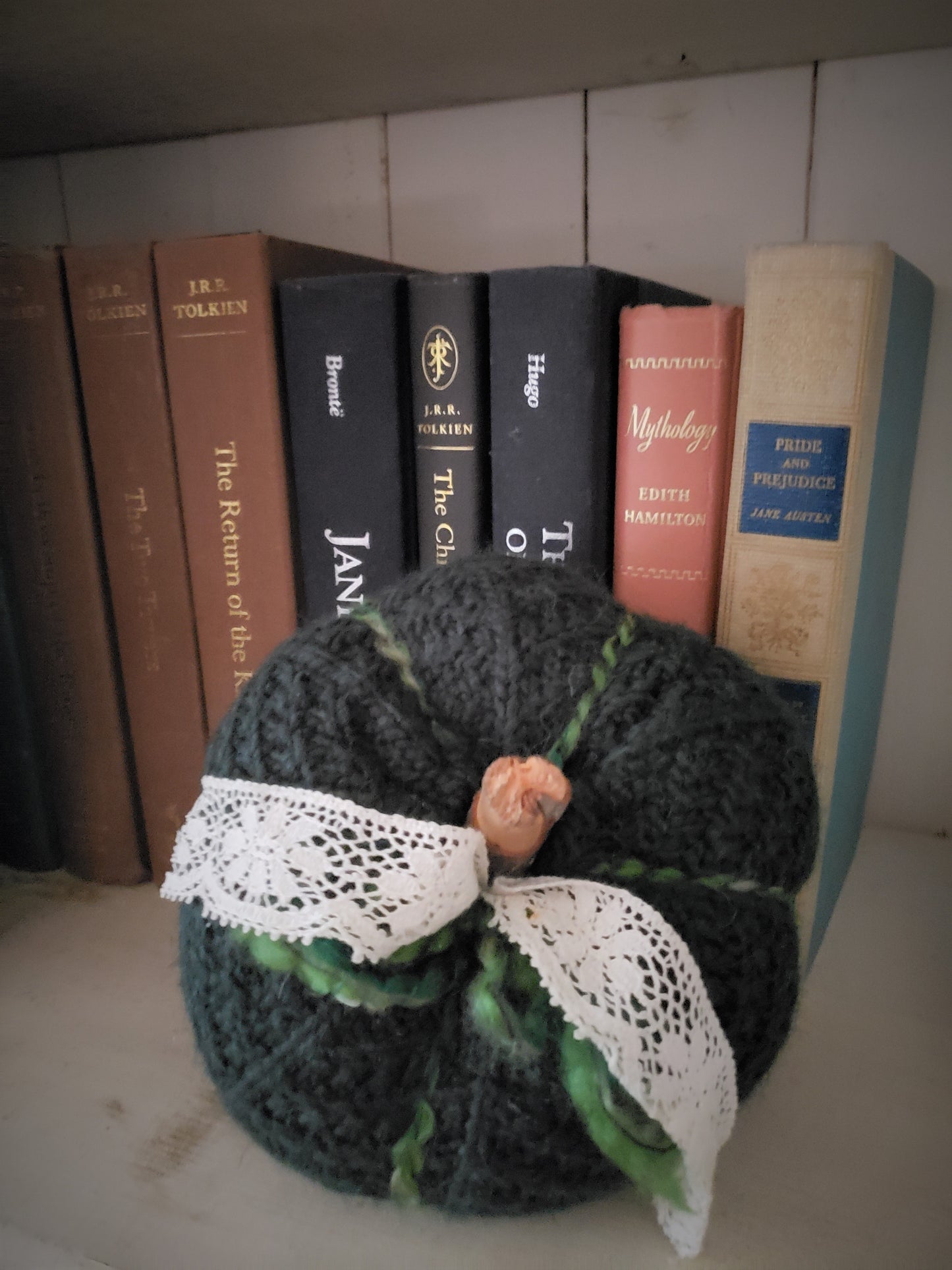 Green Knit Pumpkin PIllow Pouf with Vintage Lace and Wooden Stem