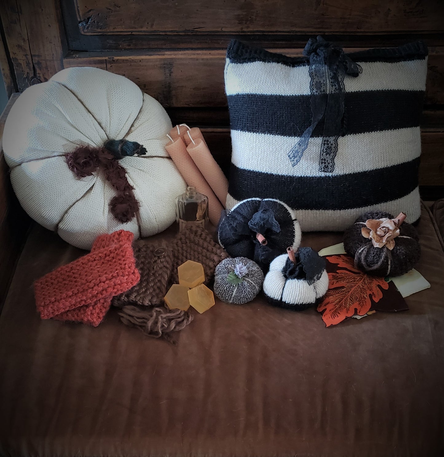 Mini-est Pumpkin Pillow Pouf with Tattered Flower and Wooden Stem
