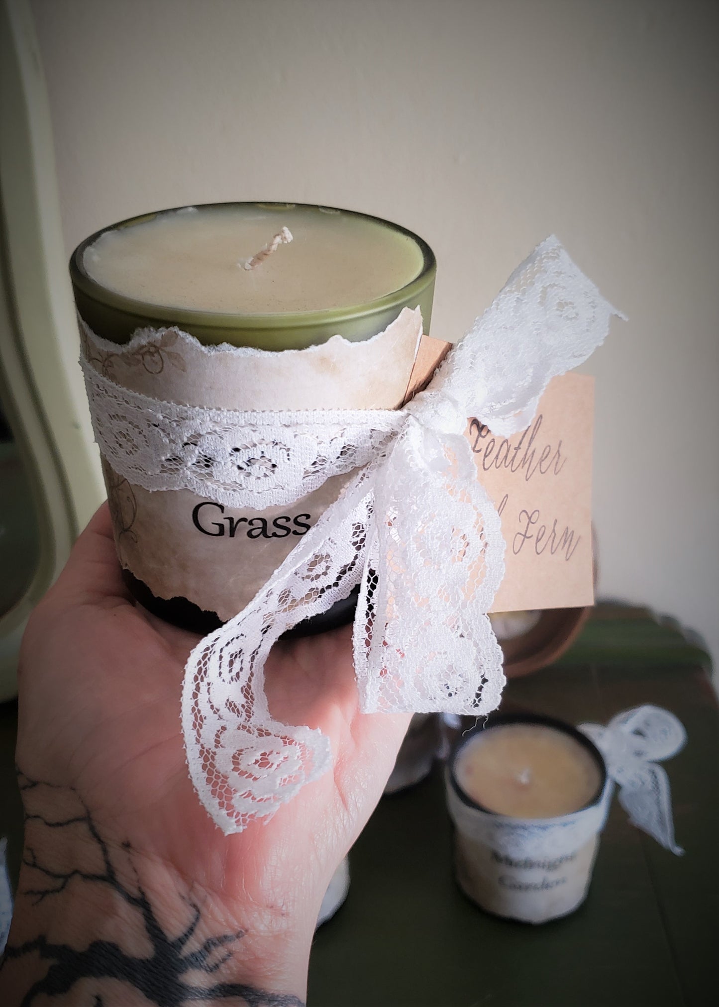"Cemetary Grass" Soy Candle With Hand Torn Label, Lynden Blossom
