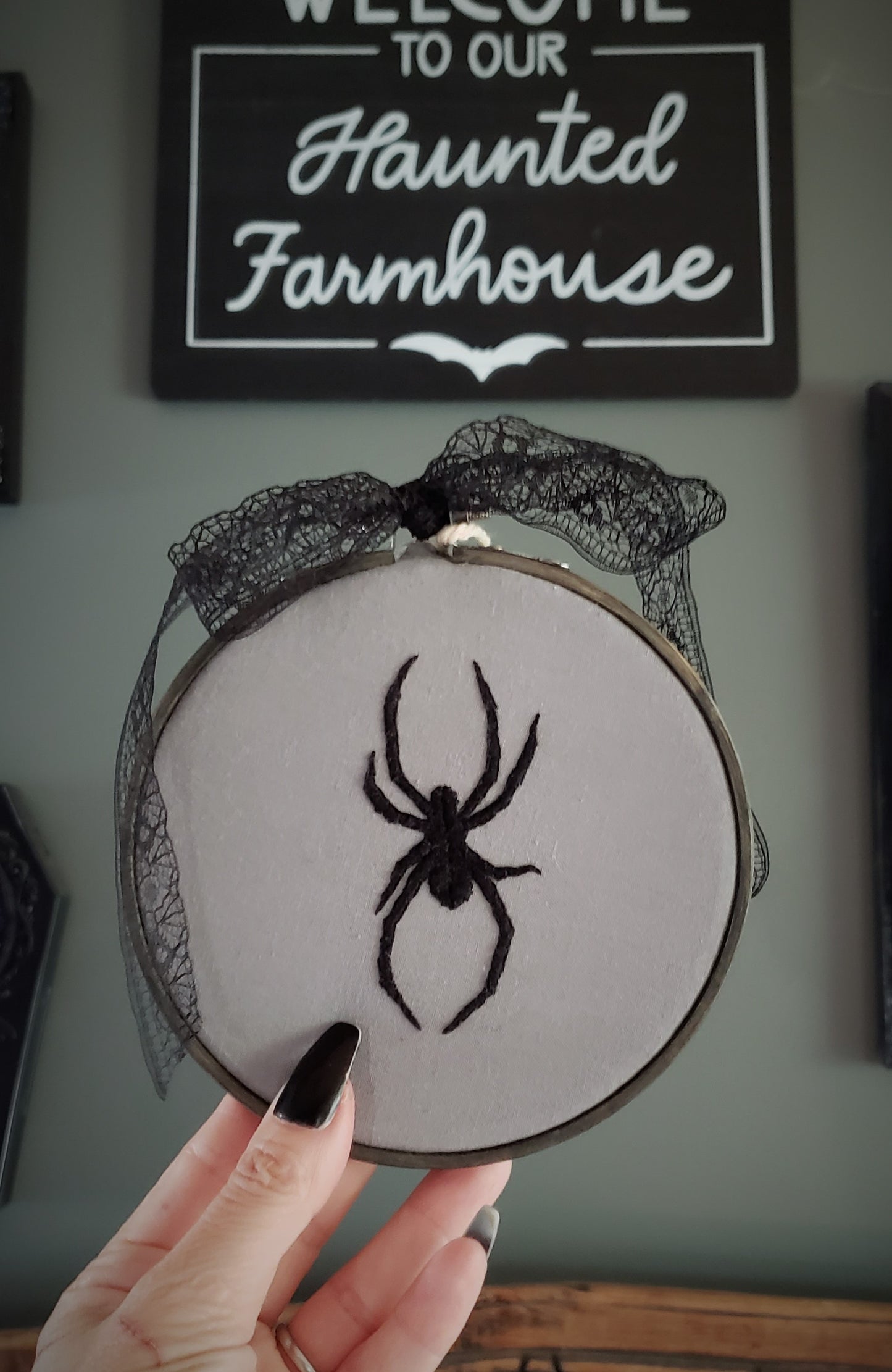 "The Widow" Embroidered Spider Hoop Art