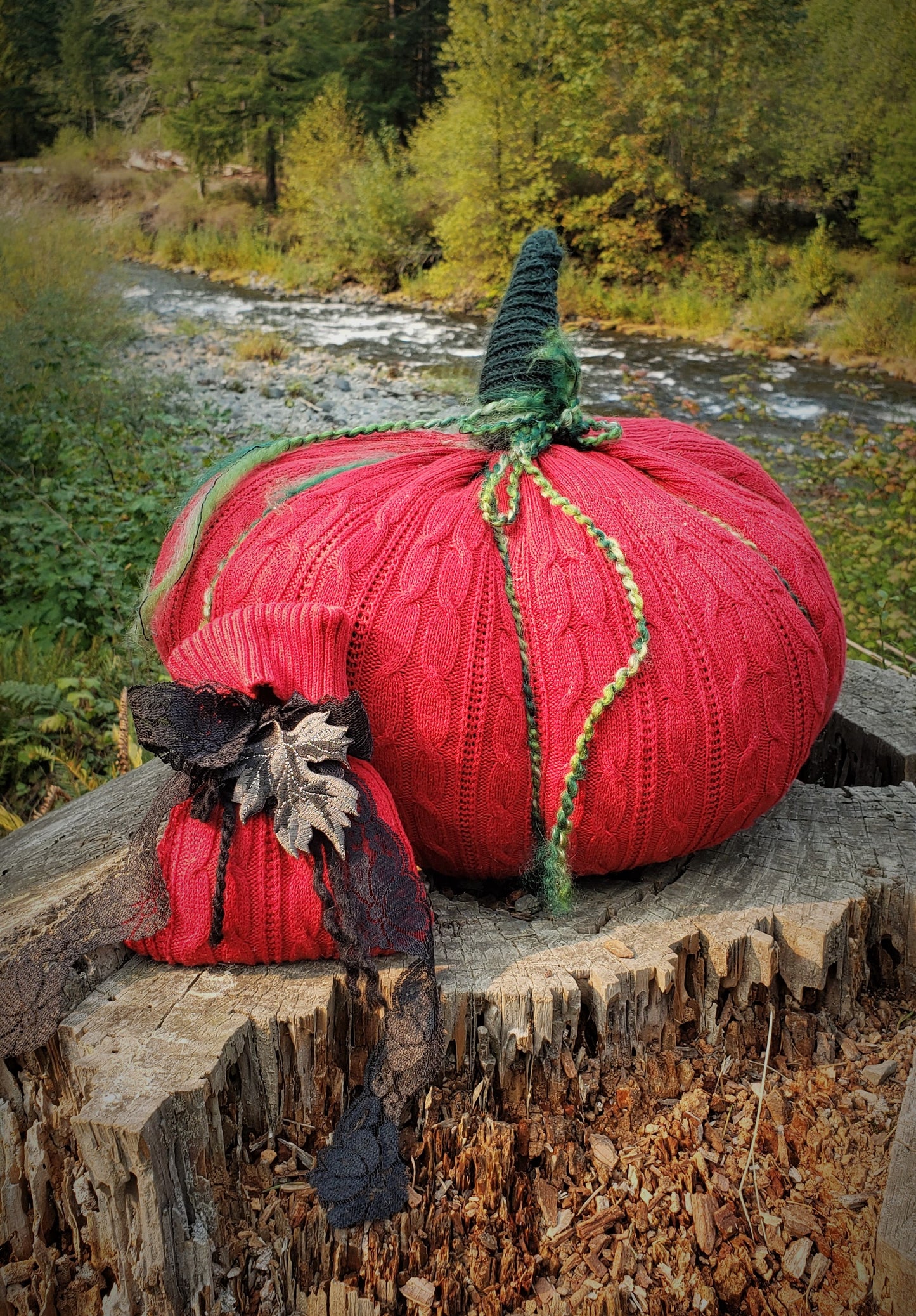 Knit Pumpkin Pillow Pouf of Holiday Red and Green