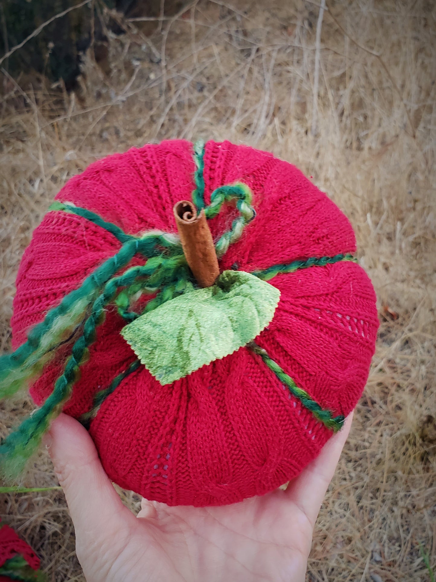  Holiday Pumpkin Pillow Red and Green With Vintage Velvet Leaf and Cinnamon Stick Stem