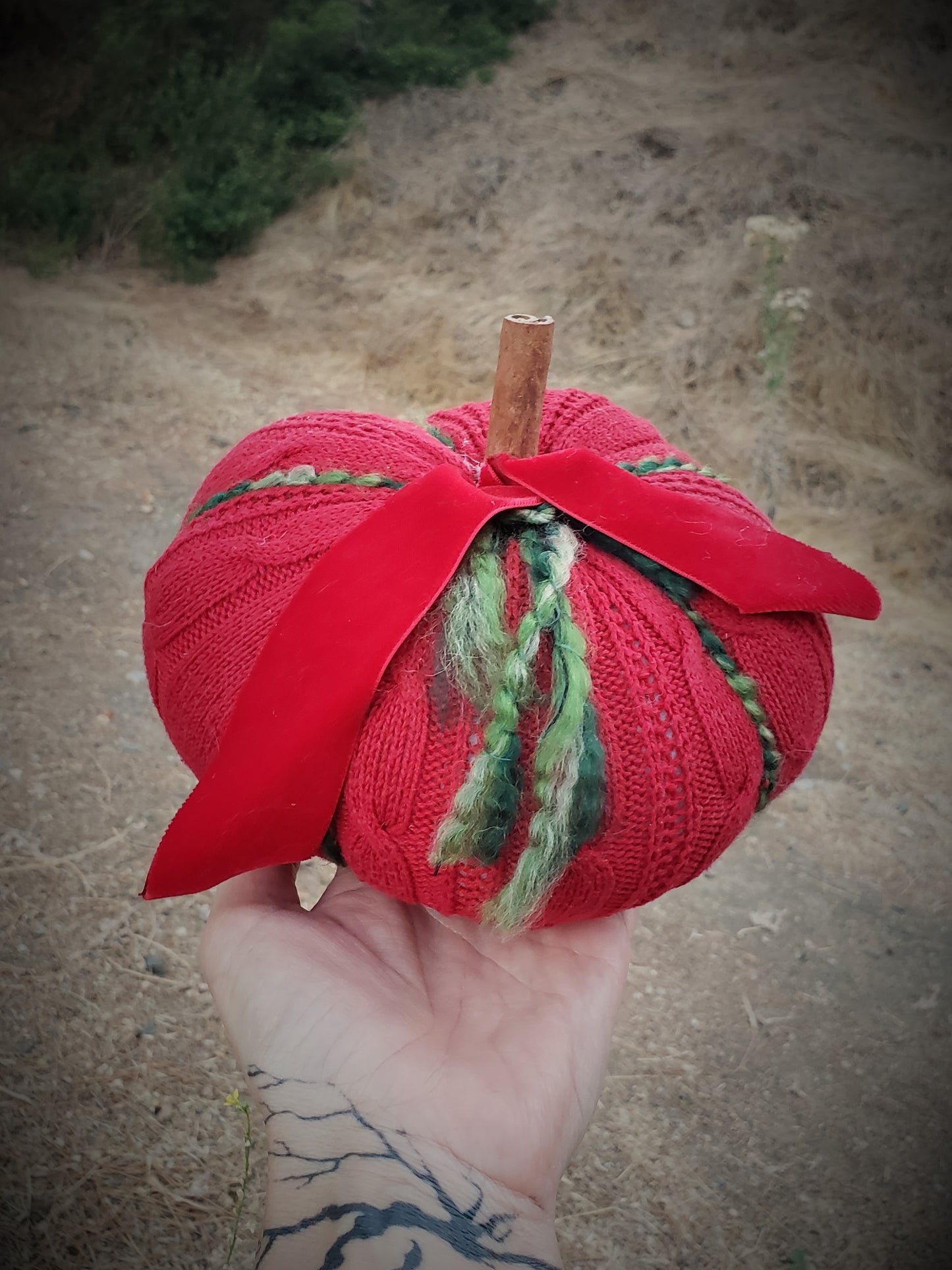 Holiday Pumpkin Pillow Pouf in Red and Green with Cinnamon Stick Stem