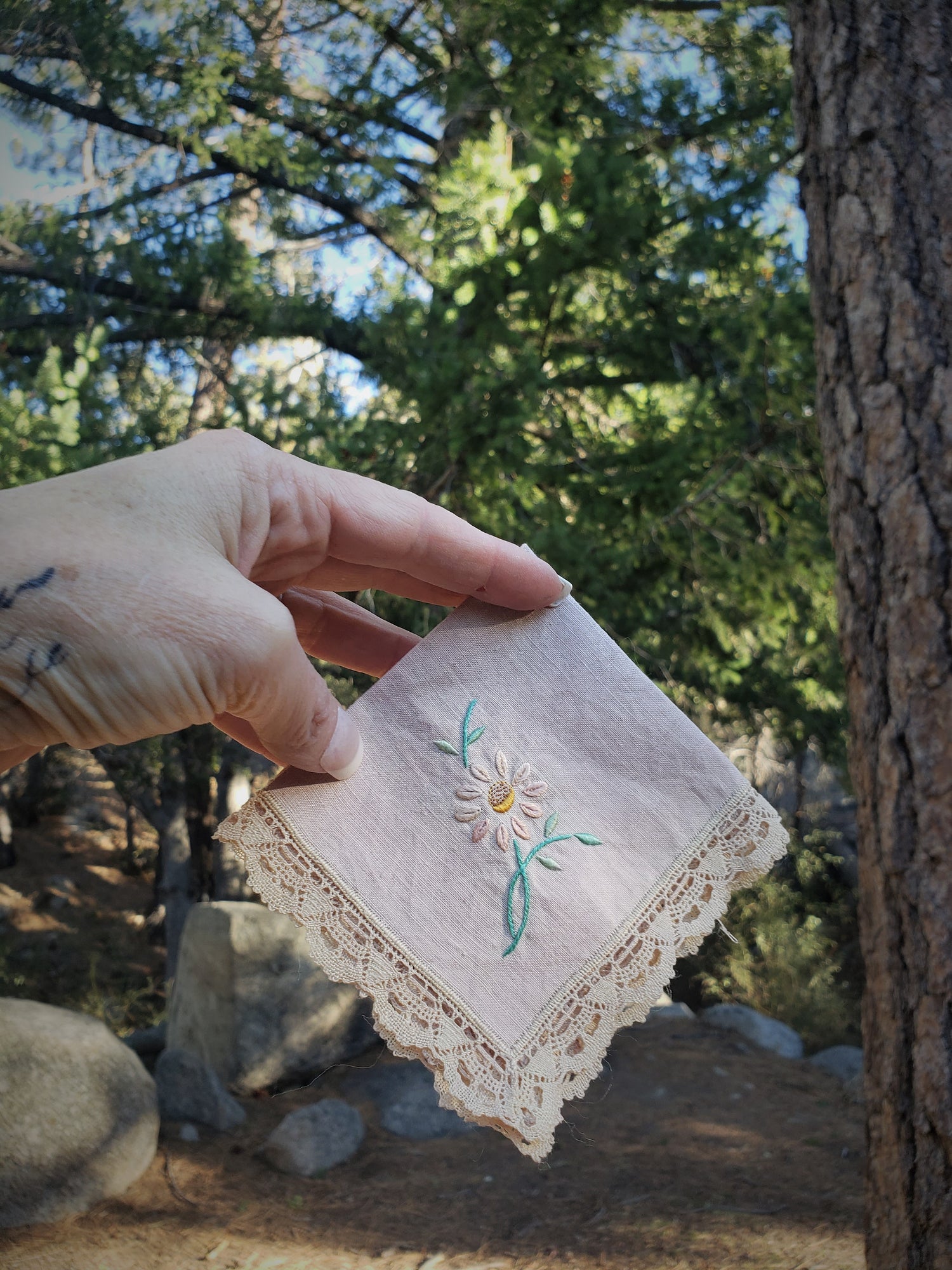 Hand Plant Dyed Vintage Handkerchief with Embroidered Wildflower