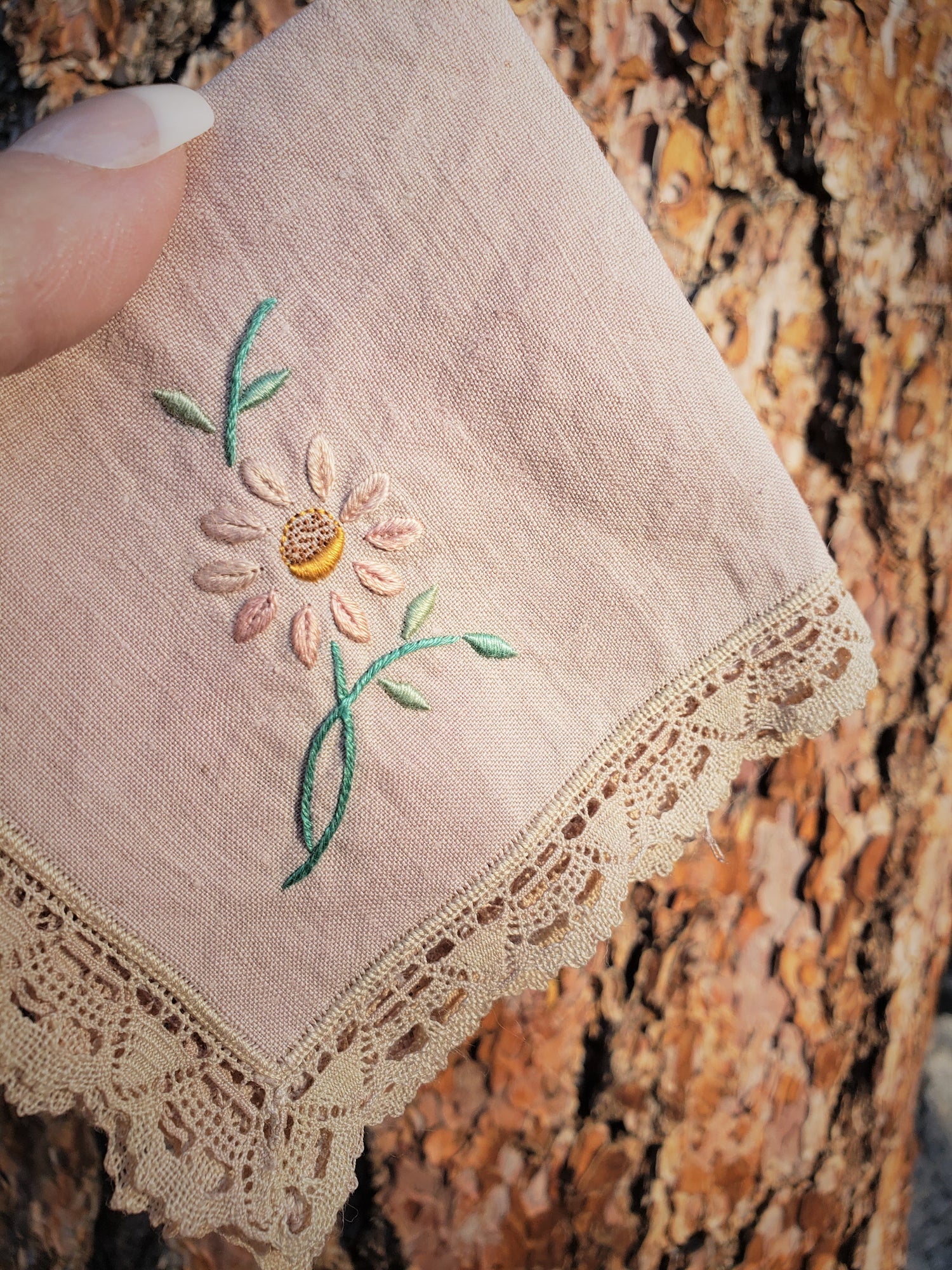 Hand Plant Dyed Vintage Handkerchief with Embroidered Wildflower