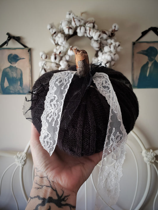 Black Knit Pumpkin Pillow Pouf, With Black and Ivory Lace and Wooden Stem