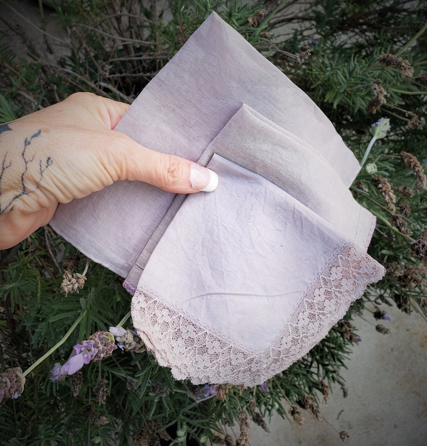 Set of Three Hand Plant Dyed Vintage Handkerchiefs in Silvery Lavender