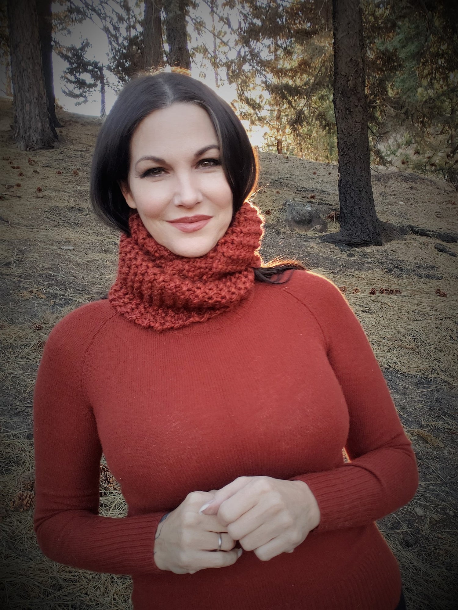 The "Mahogany" Brick Red Hand Knitted Infinity Scarf or Cowl