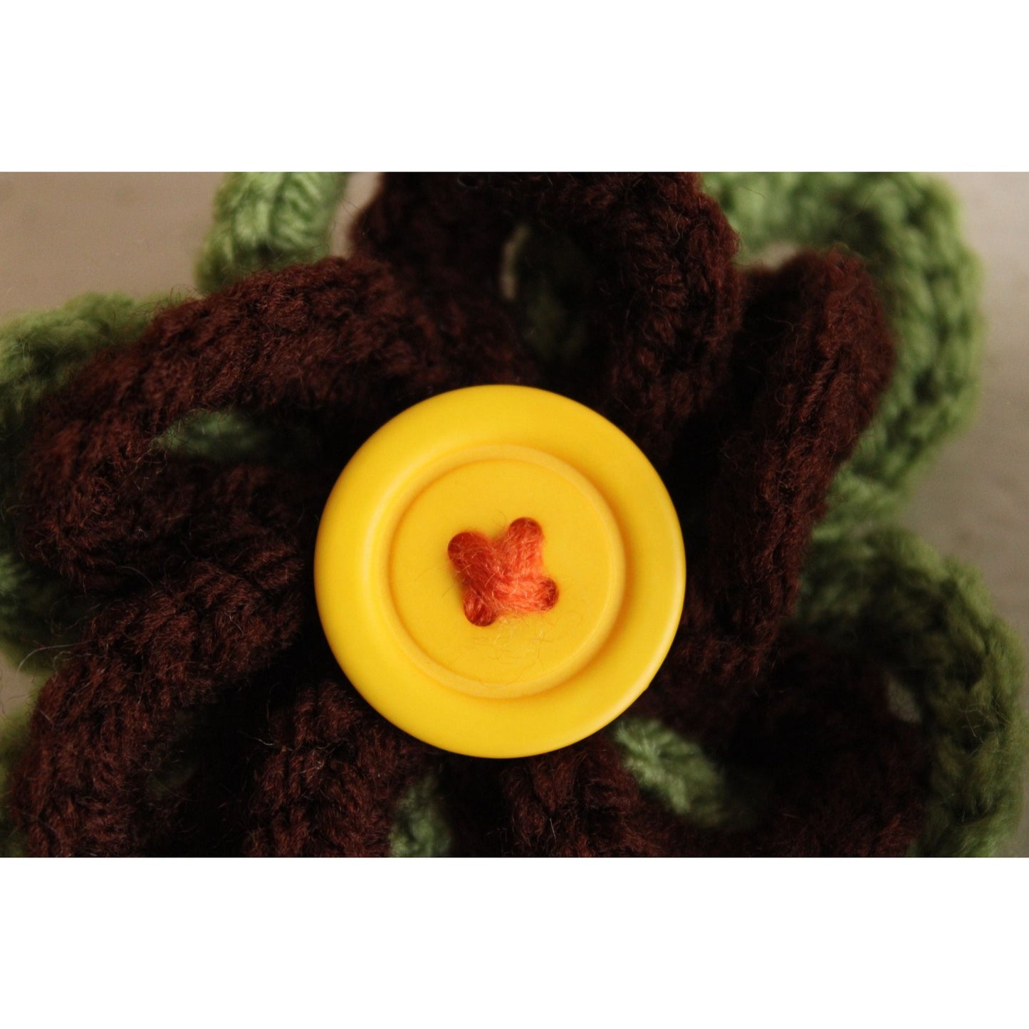 Vintage 1970s Brooch, Knit Flower with Button Center