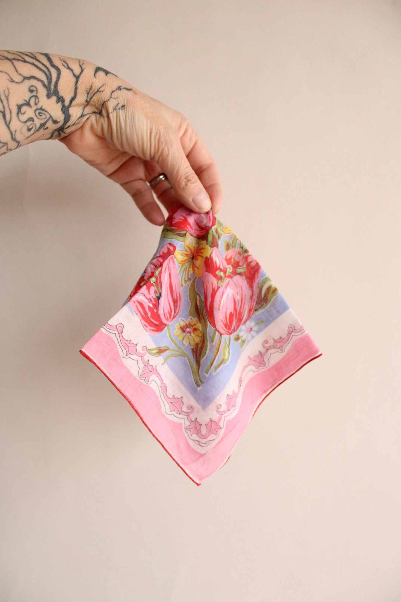 Vintage Pink Floral Tulip Print with Yellow Flowers Hanky