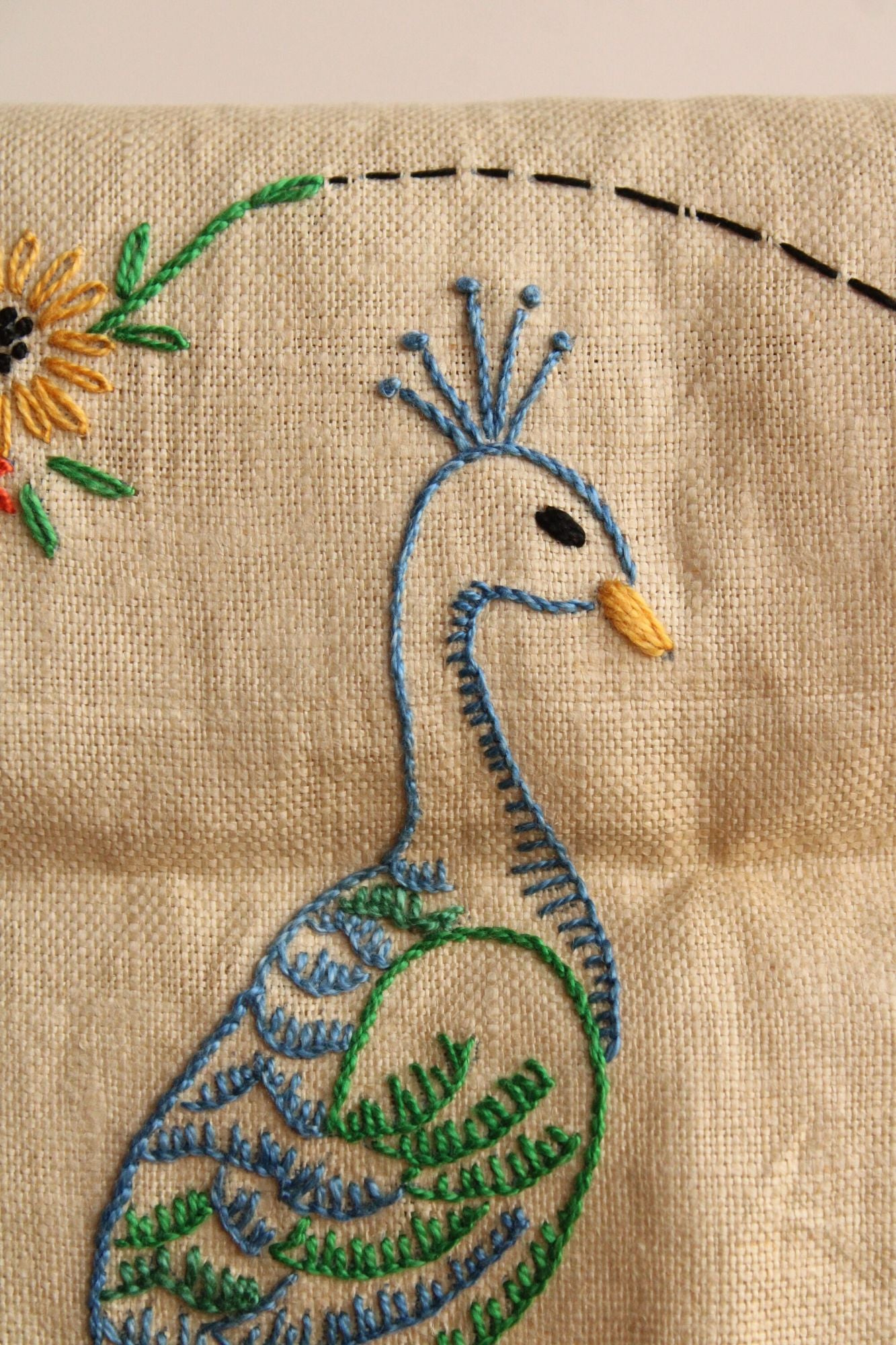Vintage 1960s 1970s Table Runner With Embroidered Peacock and Flowers