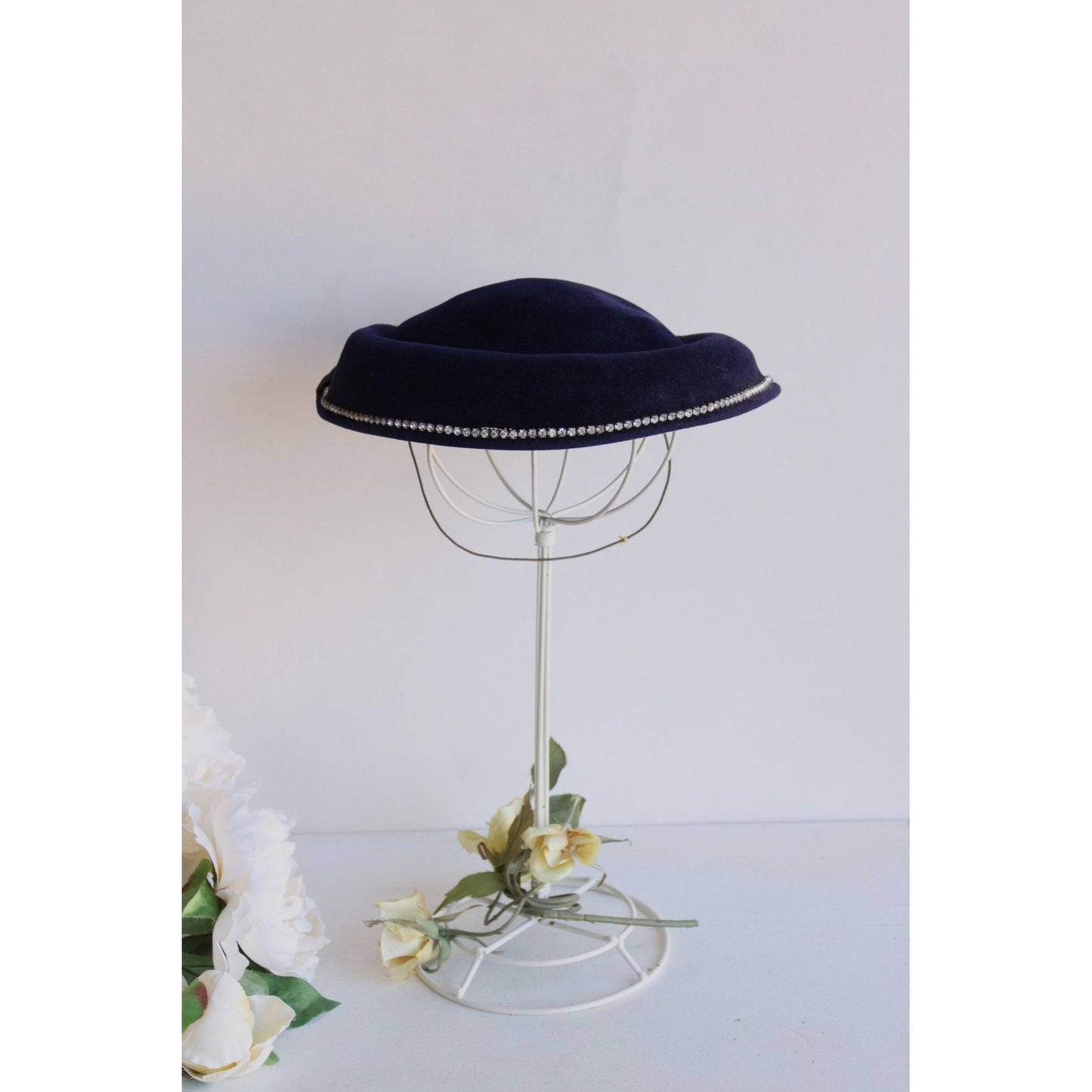 Vintage 1940s 1950s Blue Hat With Rhinestone Trim