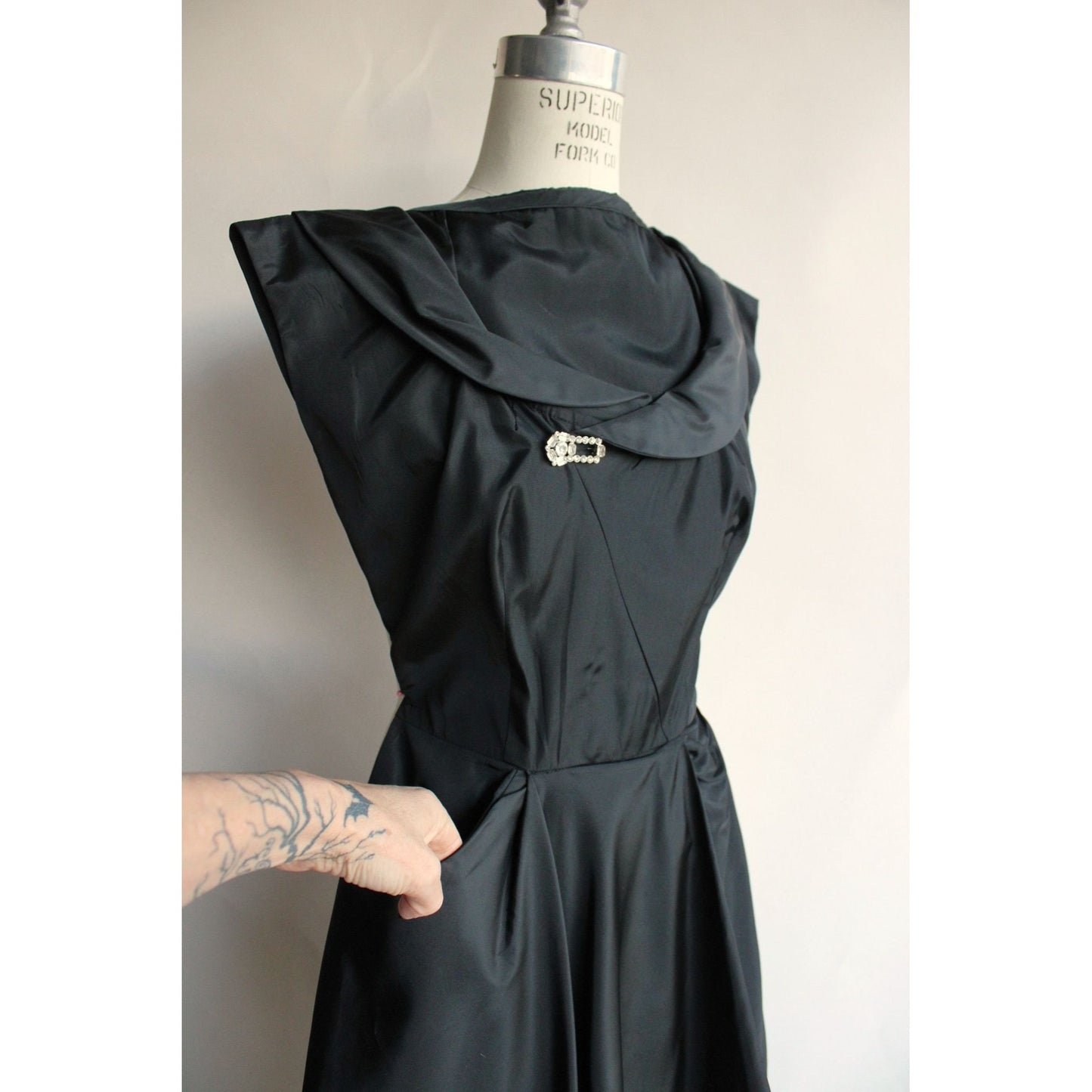 Vintage 1950s Black Taffeta Dress With Rhinestones and Hip Swag