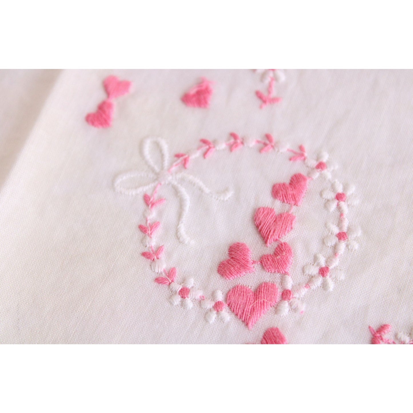 Vintage 1950s NOS White Linen With Pink Embroidered Hearts and Flowers Hanky