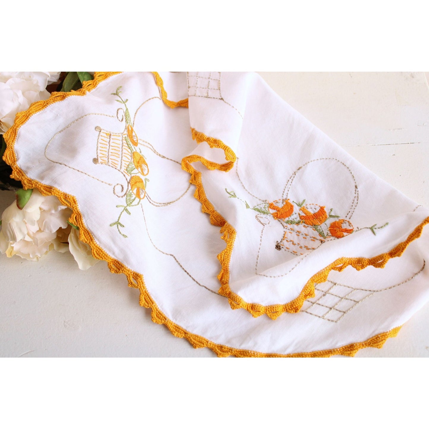 Vintage 1960s White Linen Embroidered Doily or Small Tablecloth