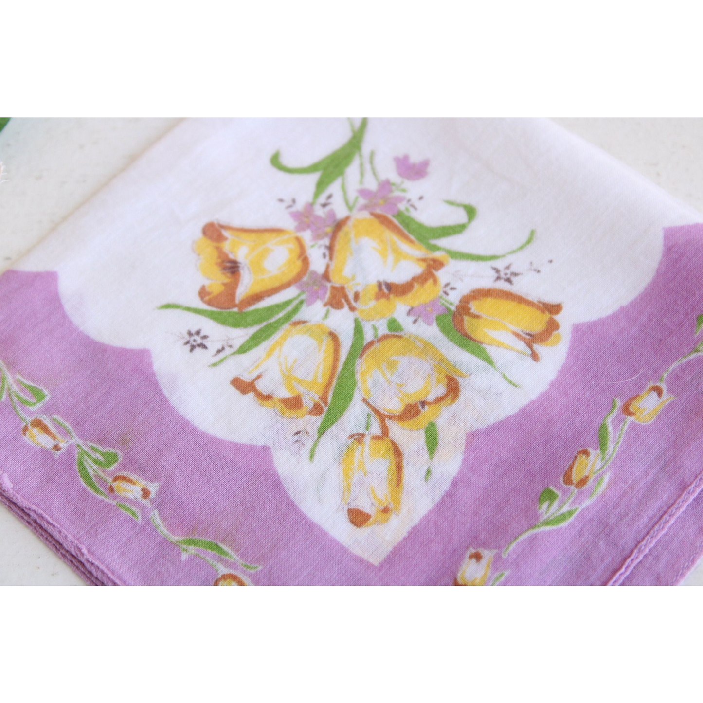 Vintage 1950s Cotton Handkerchief with Yellow Tulips