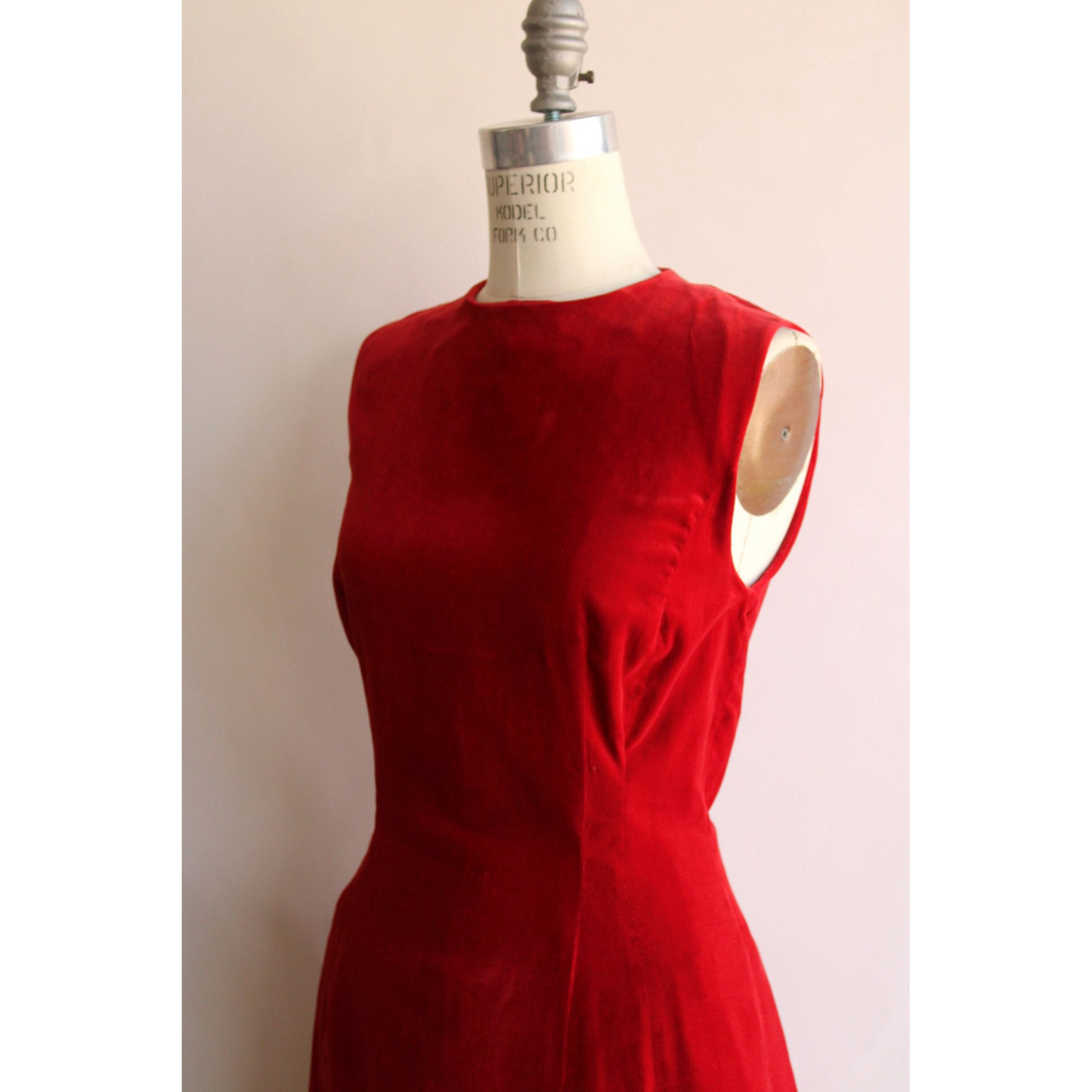 Vintage 1950s 1960s Red Cotton Velvet Sleeveless Dress