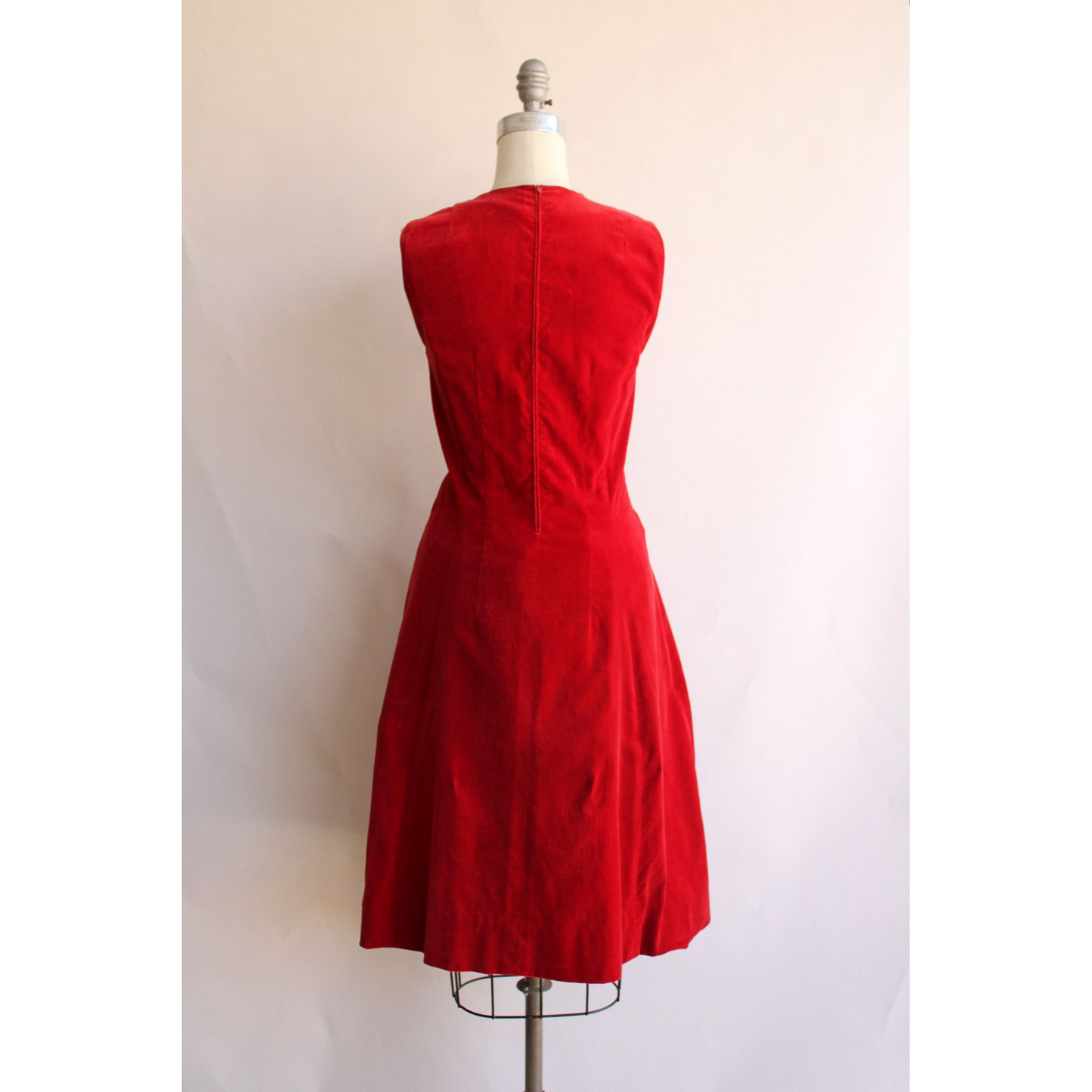 Vintage 1950s 1960s Red Cotton Velvet Sleeveless Dress