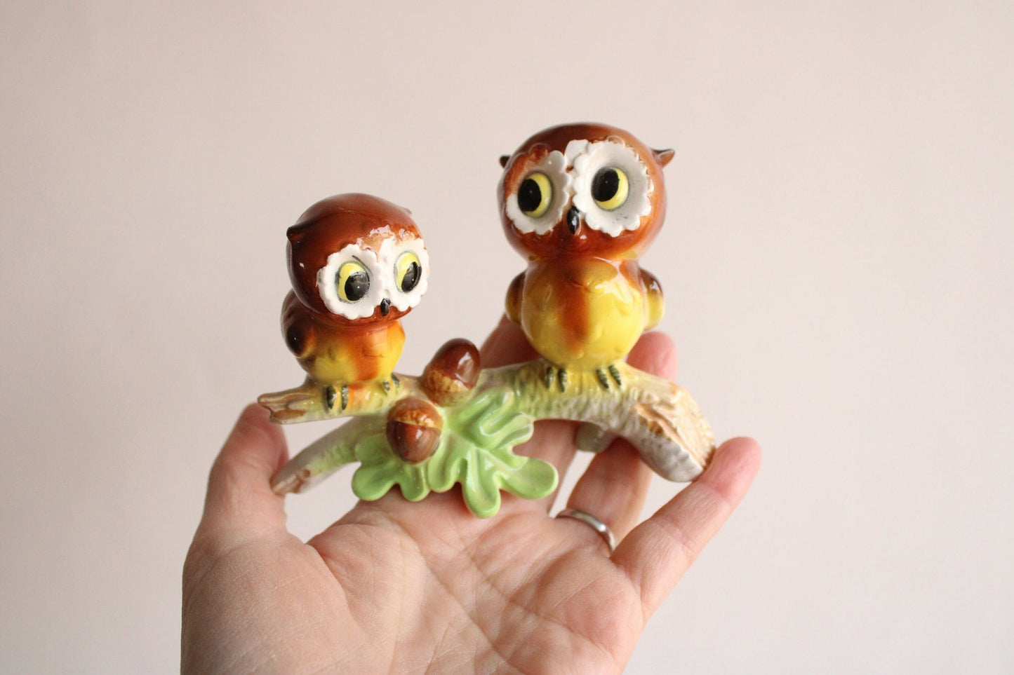 Vintage 1950s Owl Figurine, Two Owls on a Branch With Acorns