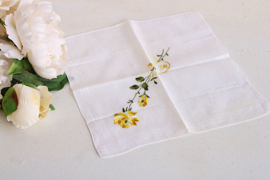 Vintage Handkerchief, Embroidered with "Mother" and Yellow Roses