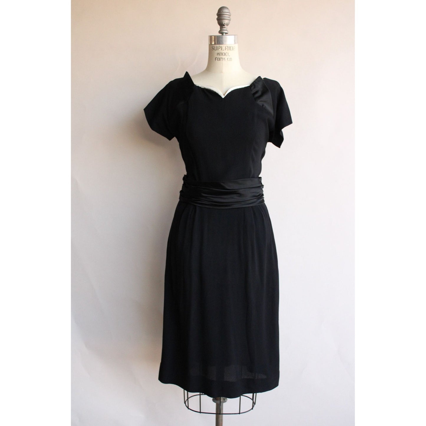 Vintage 1950s  Black Rayon Dress With Cummerbund Belt and Sweetheart Neckline