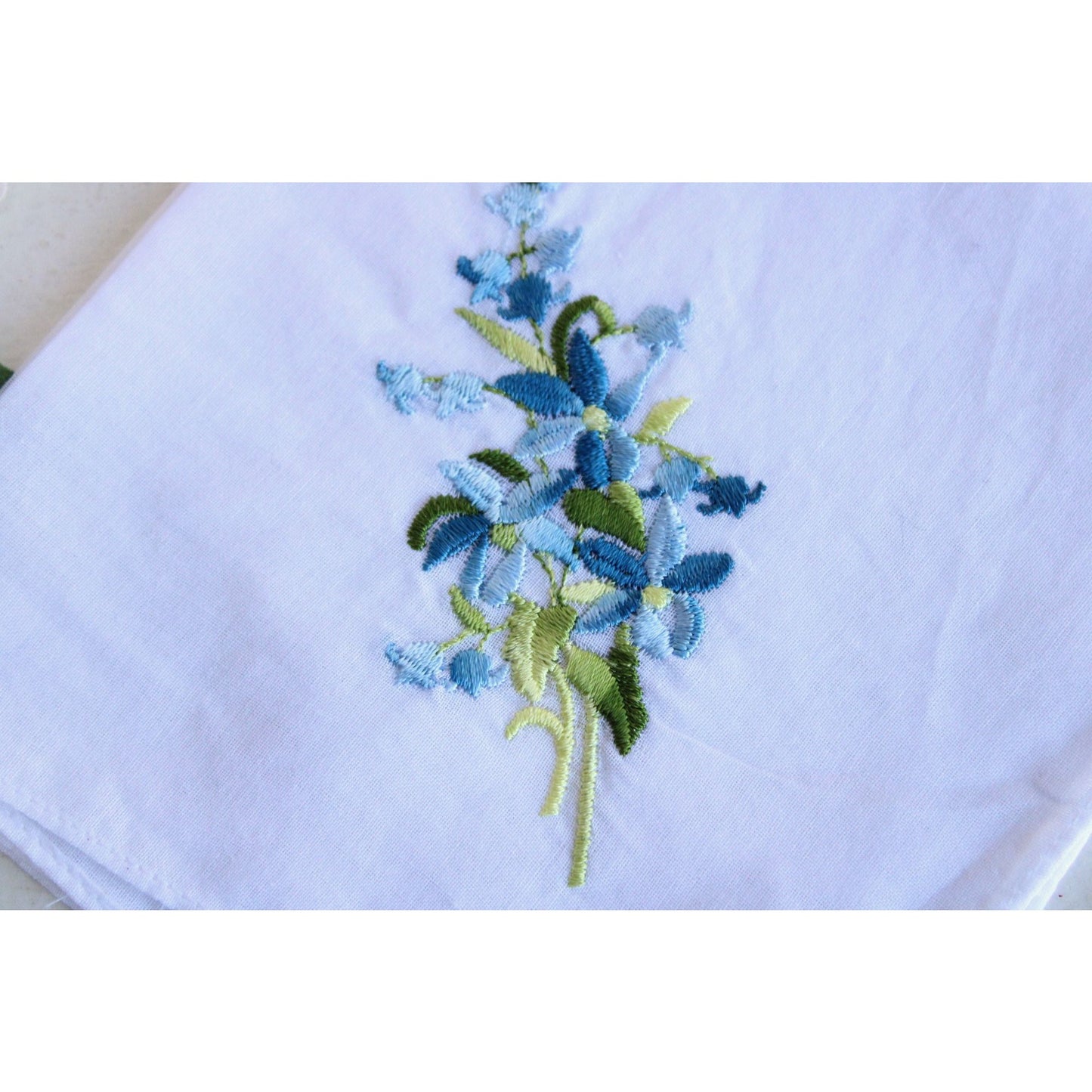 Vintage White Linen With Blue Embroidered Flowers Hankie