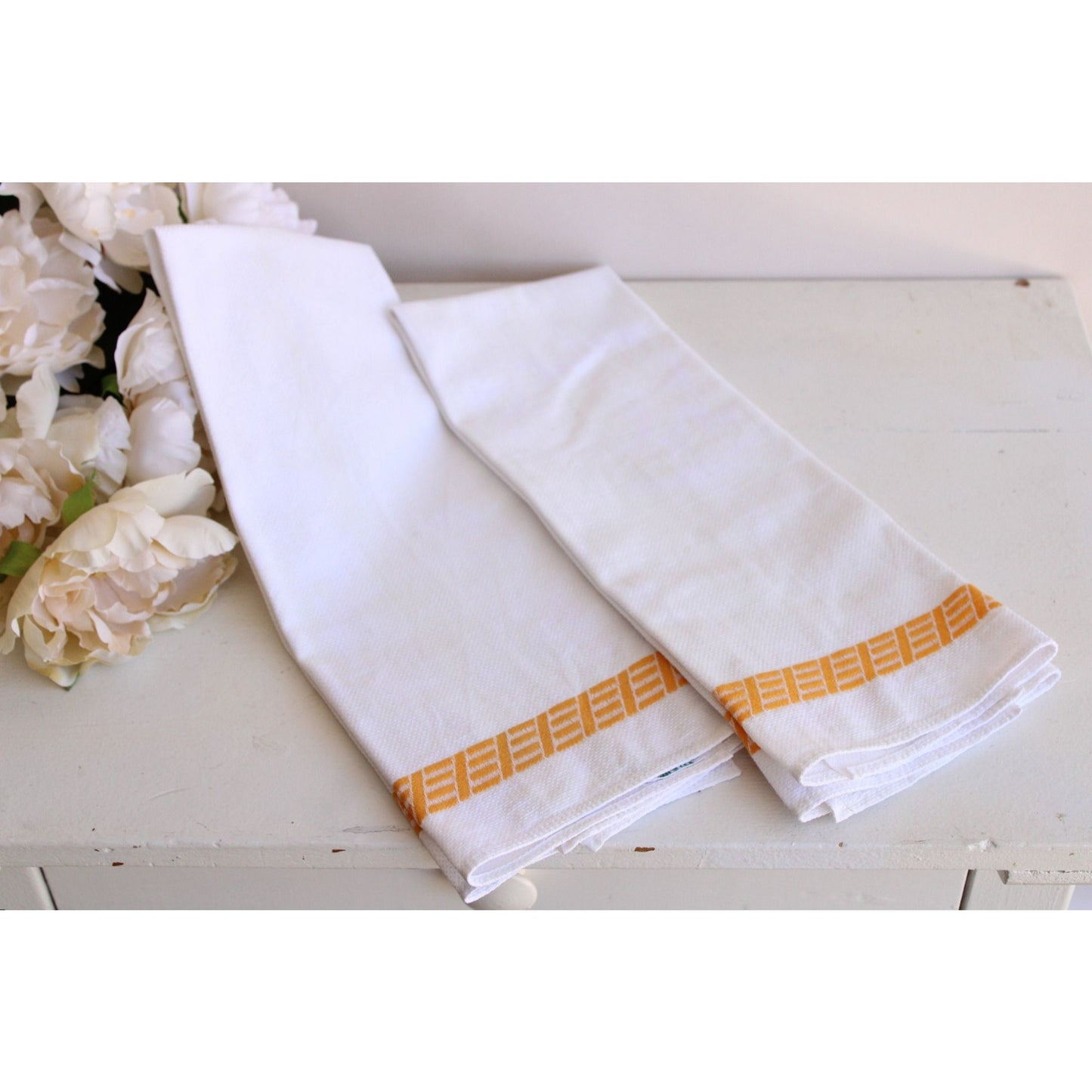 Vintage 1960s Pair of White Linen Damask Handtowels withYellow Embroidery